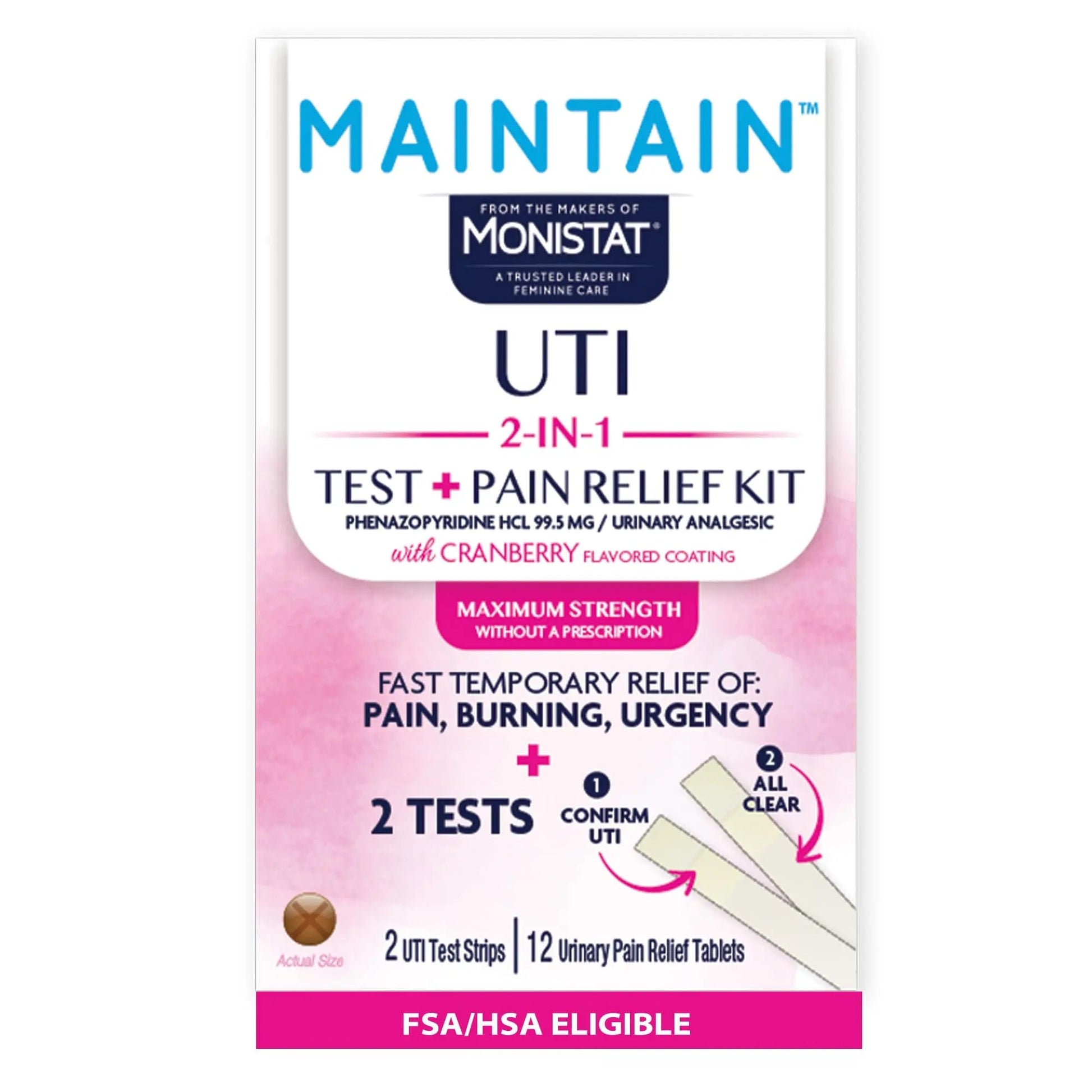 Monistat Maintain UTI 2-in-1 Test & Pain Relief Kit, 2 Test Strips & 12 Urinary Pain Relief Tablets, 2 Minute Results and Maximum Strength Pain, Burning and Urgency Relief Monistat buy supplements canada