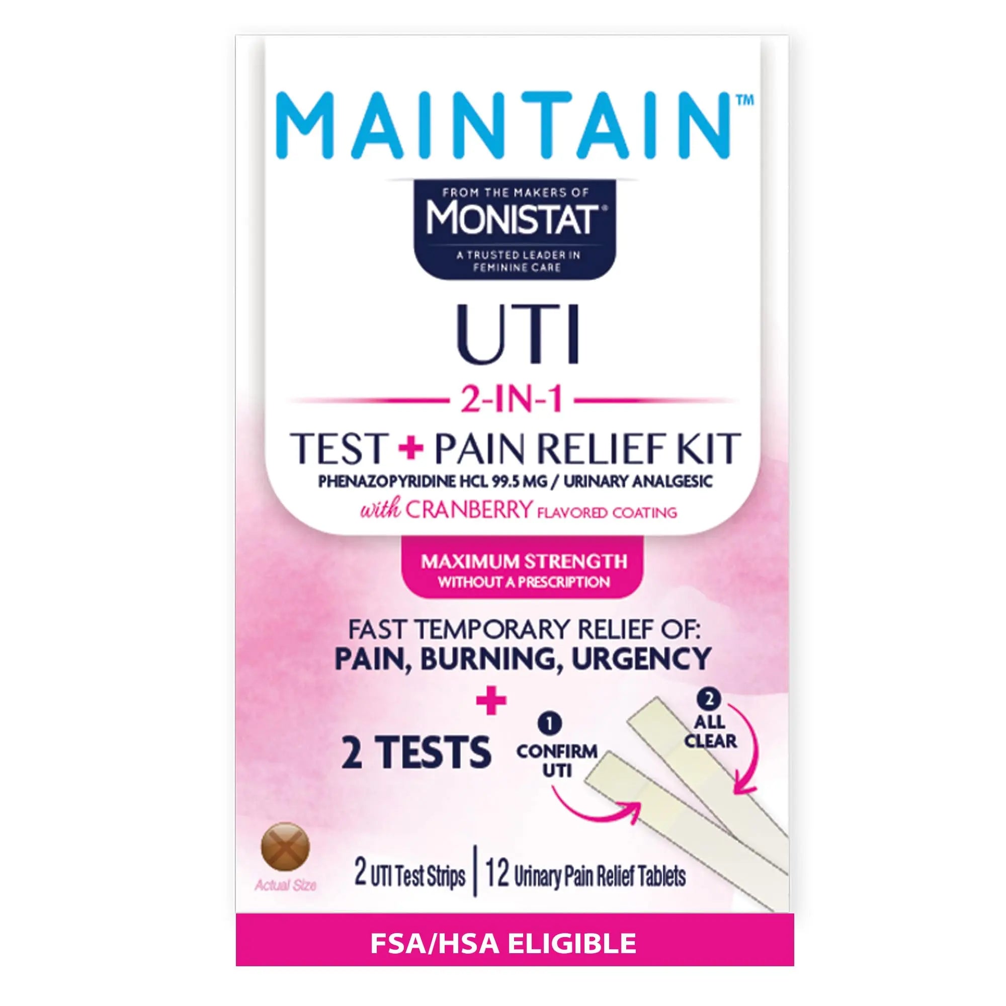 Monistat Maintain UTI 2-in-1 Test & Pain Relief Kit, 2 Test Strips & 12 Urinary Pain Relief Tablets, 2 Minute Results and Maximum Strength Pain, Burning and Urgency Relief Monistat buy supplements canada