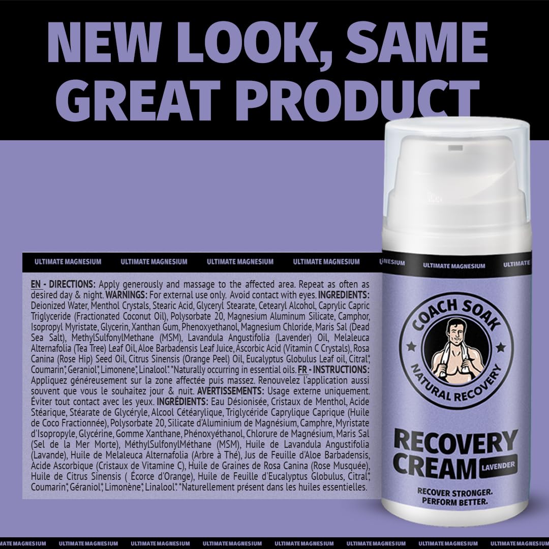 Coach Soak Magnesium Cream with MSM in Pump Bottle - Natural Recovery Cream with Magnesium Chloride & Menthol - Fast-Absorbing for Muscles & Joints, Lavender 3.4oz Coach Soak buy supplements canada