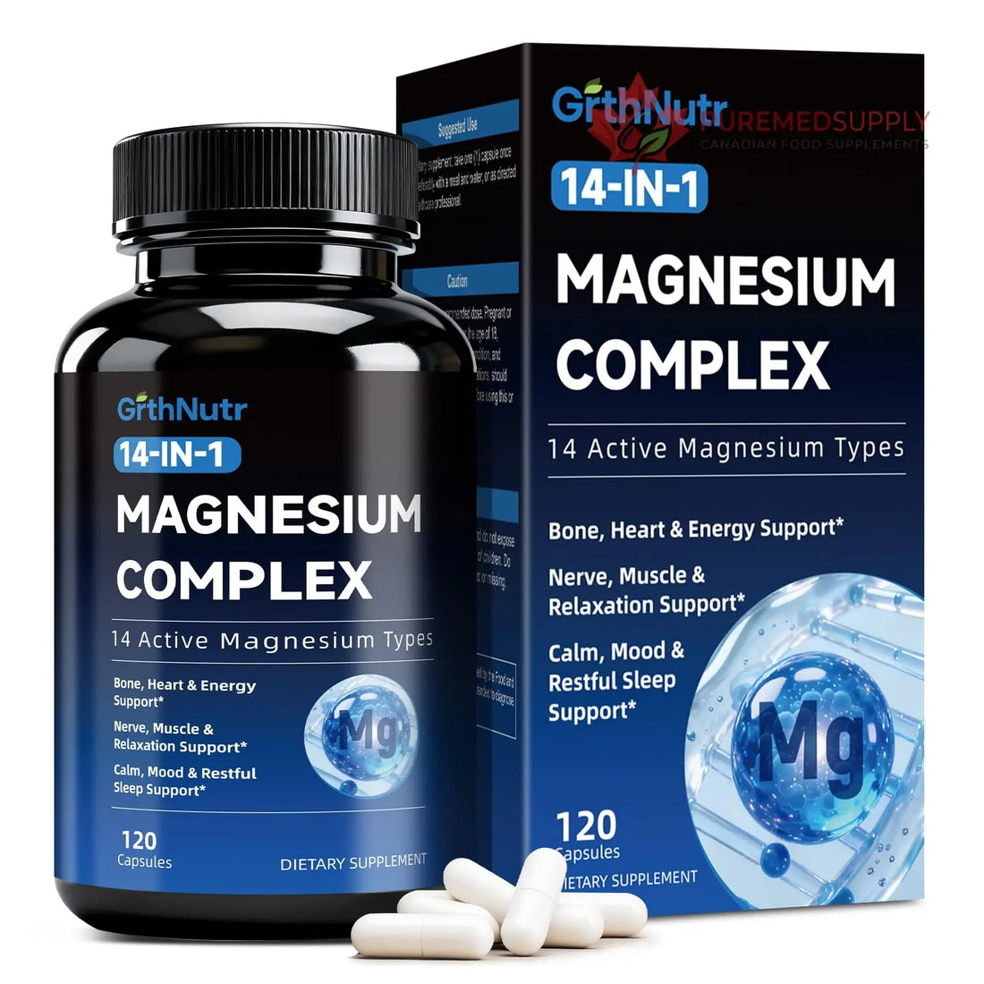 14-in-1 Magnesium Complex Supplement, 1200mg Elemental Magnesium Glycinate, Citrate, Malate, Taurate - Magnesium Complex for Women Nerves, Bone & Heart Health | Non-GMO GrthNutr buy supplements canada