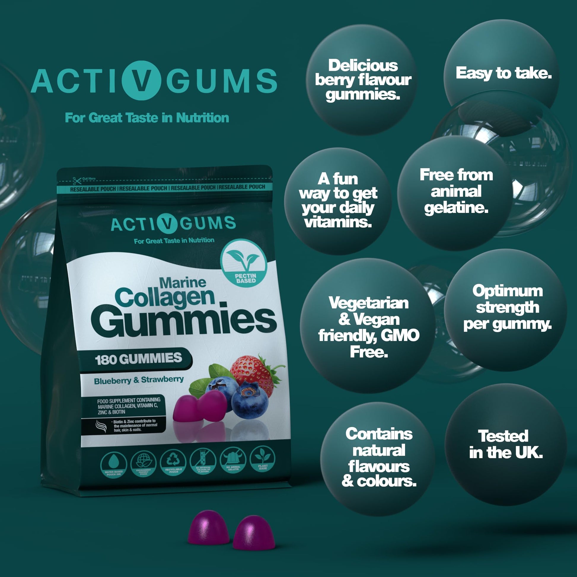 Marine Collagen Complex 180 Gummies. Strawberry & Blueberry Flavour. Resealable & Recyclable Pouch. Contains Marine Collagen, Vitamin C Activ Gums buy supplements canada