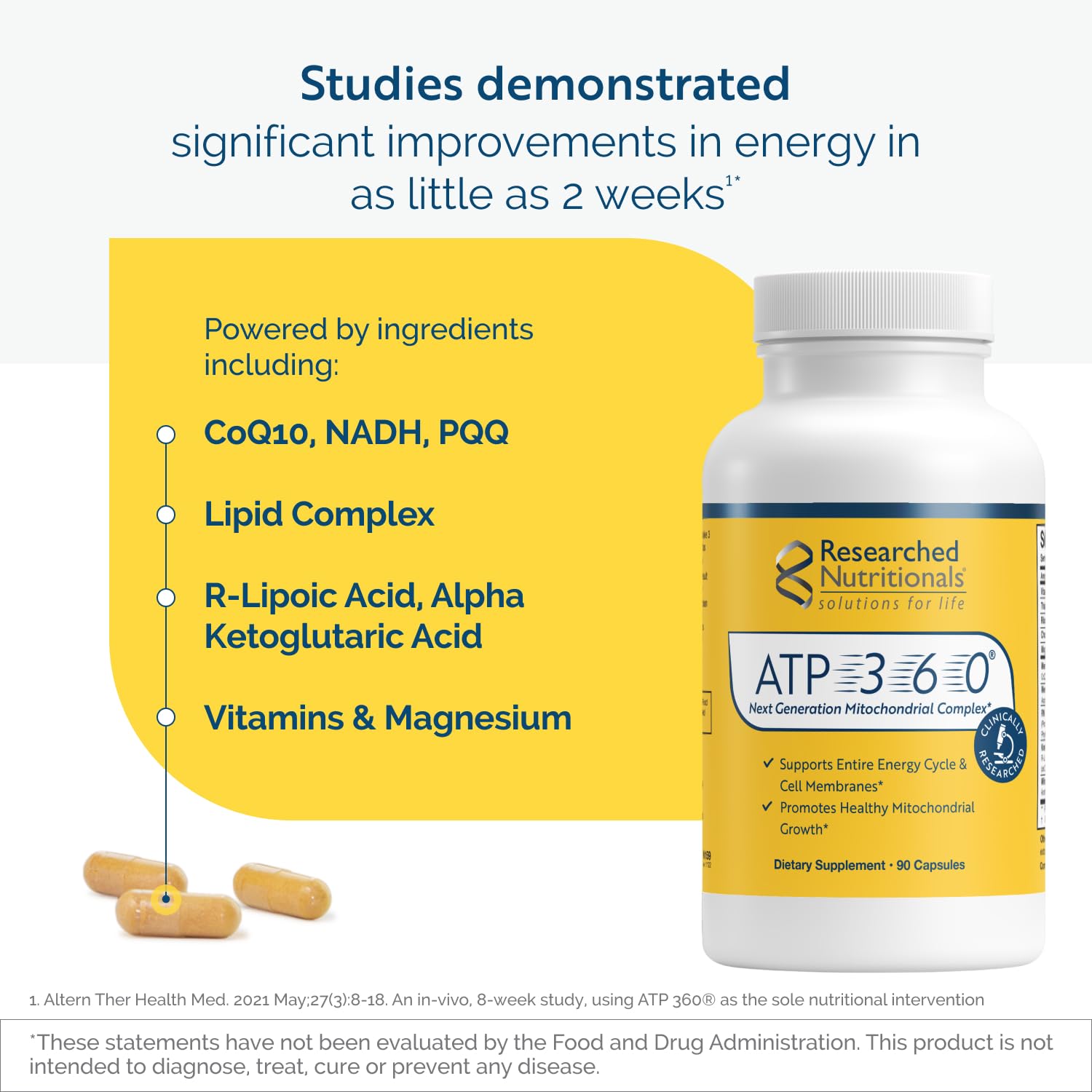 Researched Nutritionals ATP 360 - Mitochondrial Supplements to Support Entire Energy Cycle & Cell Membranes - Clinically Researched ATP Supplements, High Dose CoQ10, R-Lipoic Acid & PQQ, 90 Capsules Researched Nutritionals buy supplements canada