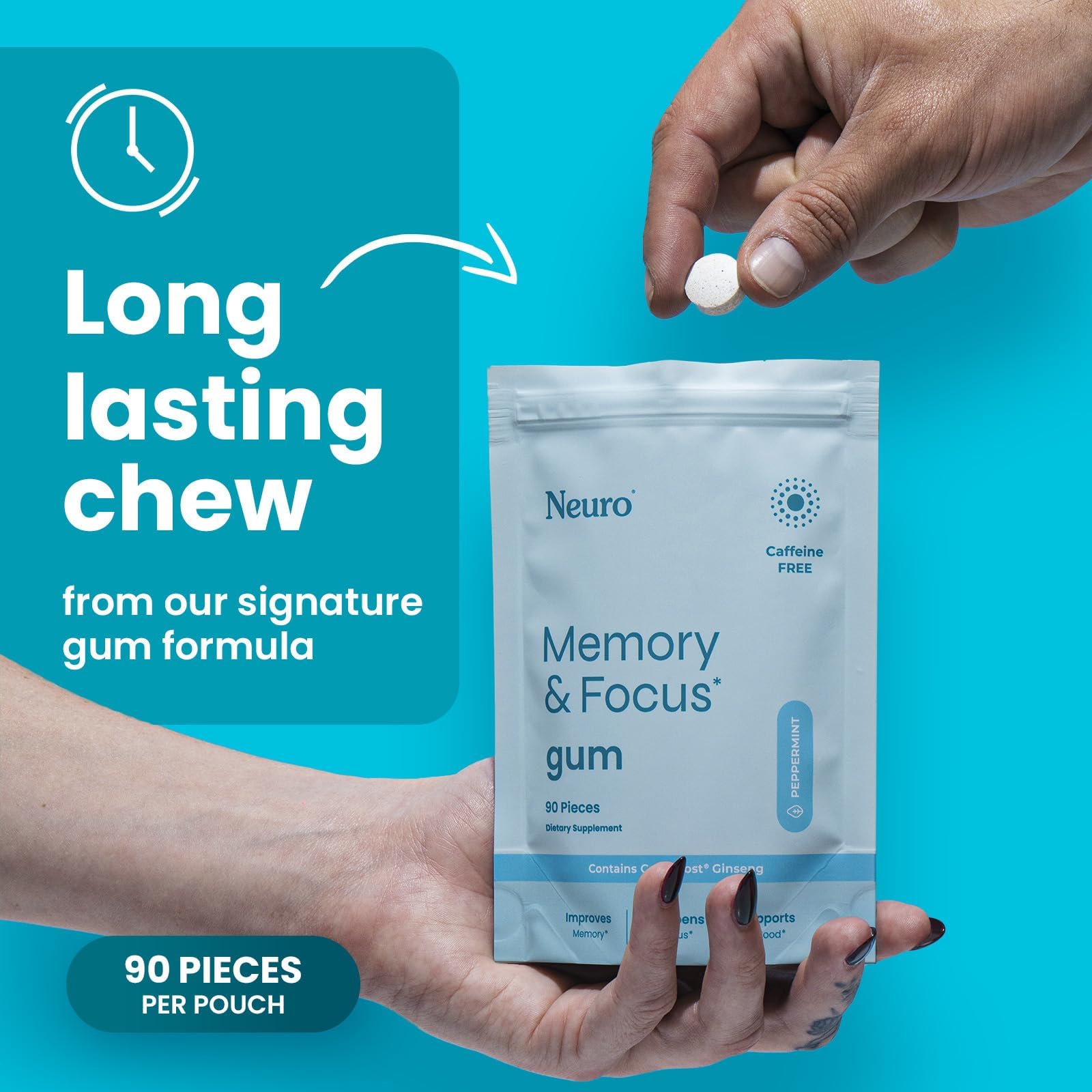 Neuro Memory & Focus Gum - Nootropic Gum with Vitamin B12, Vitamin B6, L-Theanine & Ginseng Extract - Natural Brain Support Supplement - Vegan, Caffeine & Sugar Free Chews - Peppermint, 90 ct Neuro buy supplements canada