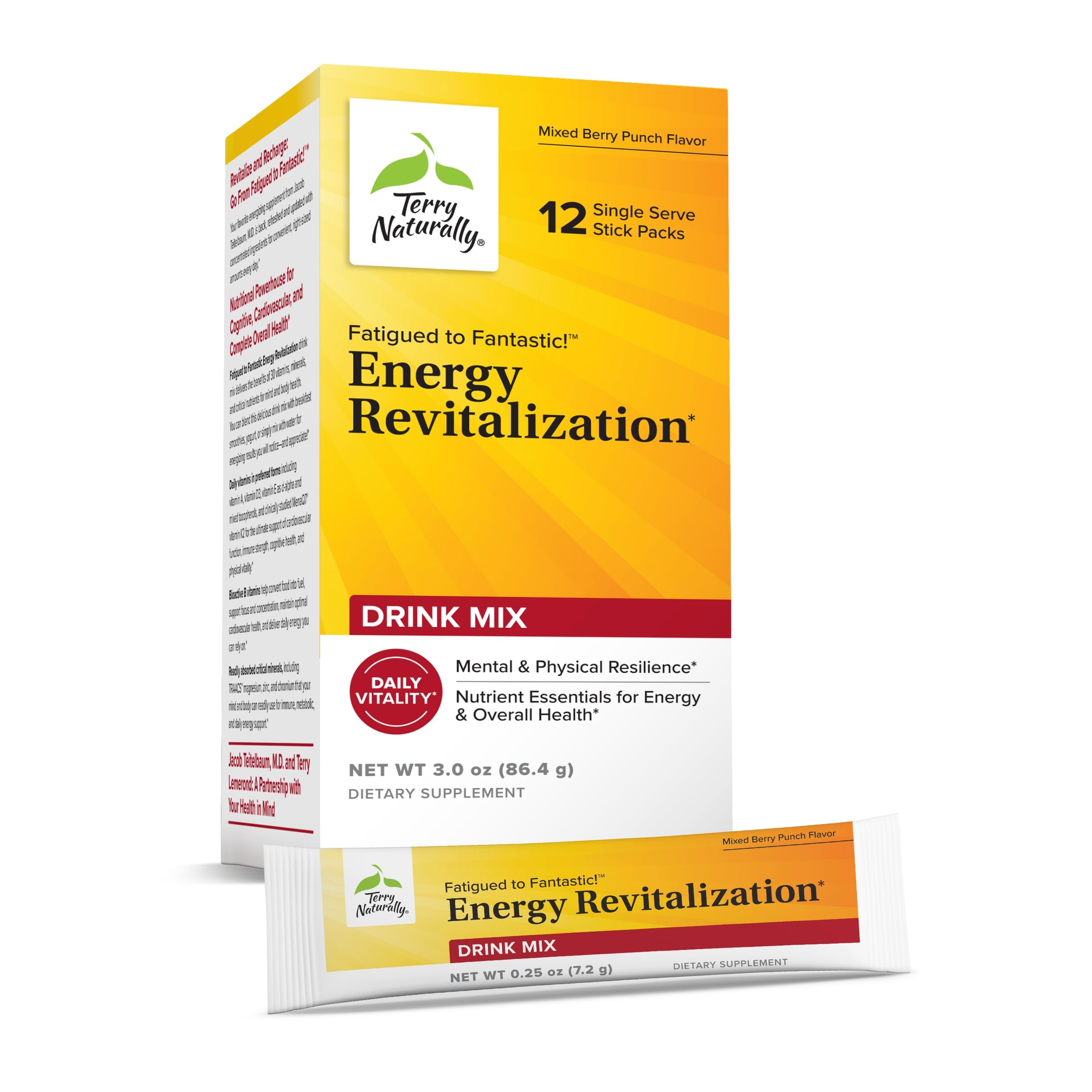 Terry Naturally Fatigued to Fantastic Energy Revitalization - Drink Mix for Energy with L-Tyrosine, Vitamins A, D3, E & B - Supports Heart Health - 12 Individual Packets (12 Servings) Terry Naturally buy supplements canada