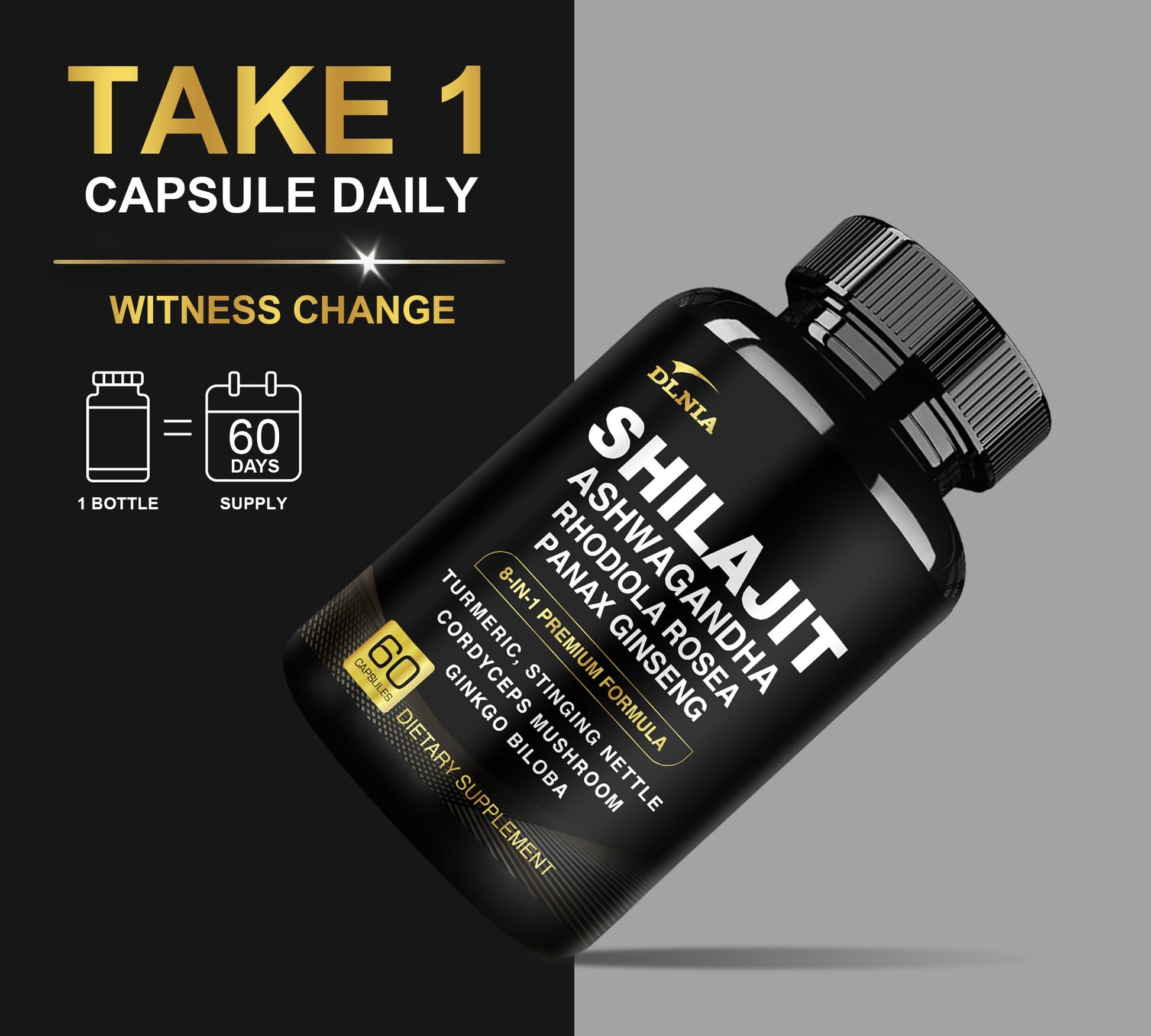 DLNIA 8-in-1 Shilajit for Men & Women with Ashwaganda Himalayan Organic Supplement with Rhodiola Rosea, Ginseng, Turmeric, Mushroom, for Immune Support, Energy, Calm, Focus, Clarity, Sleep, Cortisol DLNIA buy supplements canada