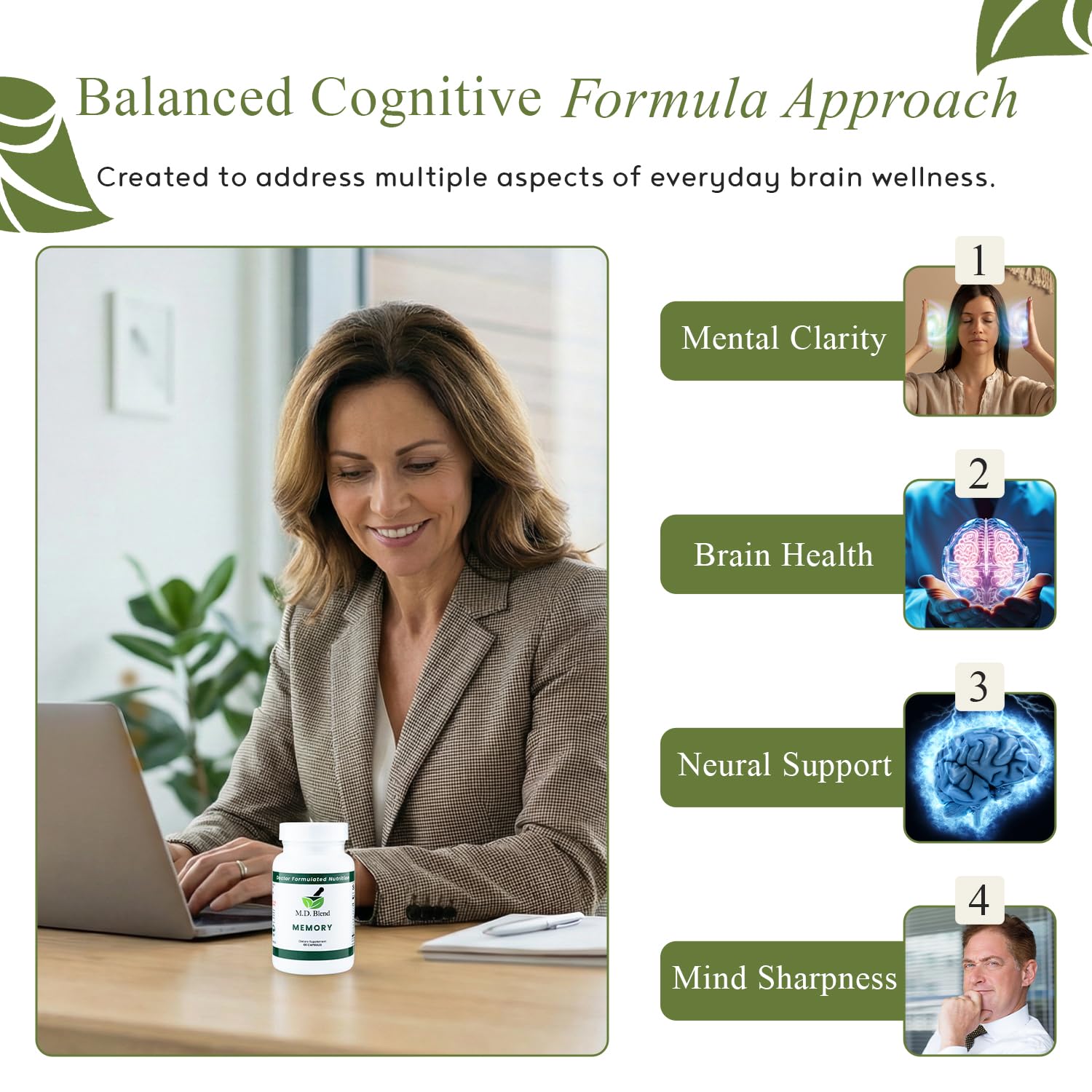 M.D. Blend Brain Support for Memory and Focus - Brain Supplement for Memory & Neural Function - Premium L-Tyrosine, Phosphatidylserine, Bacopa Monnieri Focus Supplement, 30 Capsules (Pack of 1) M.D. Blend buy supplements canada