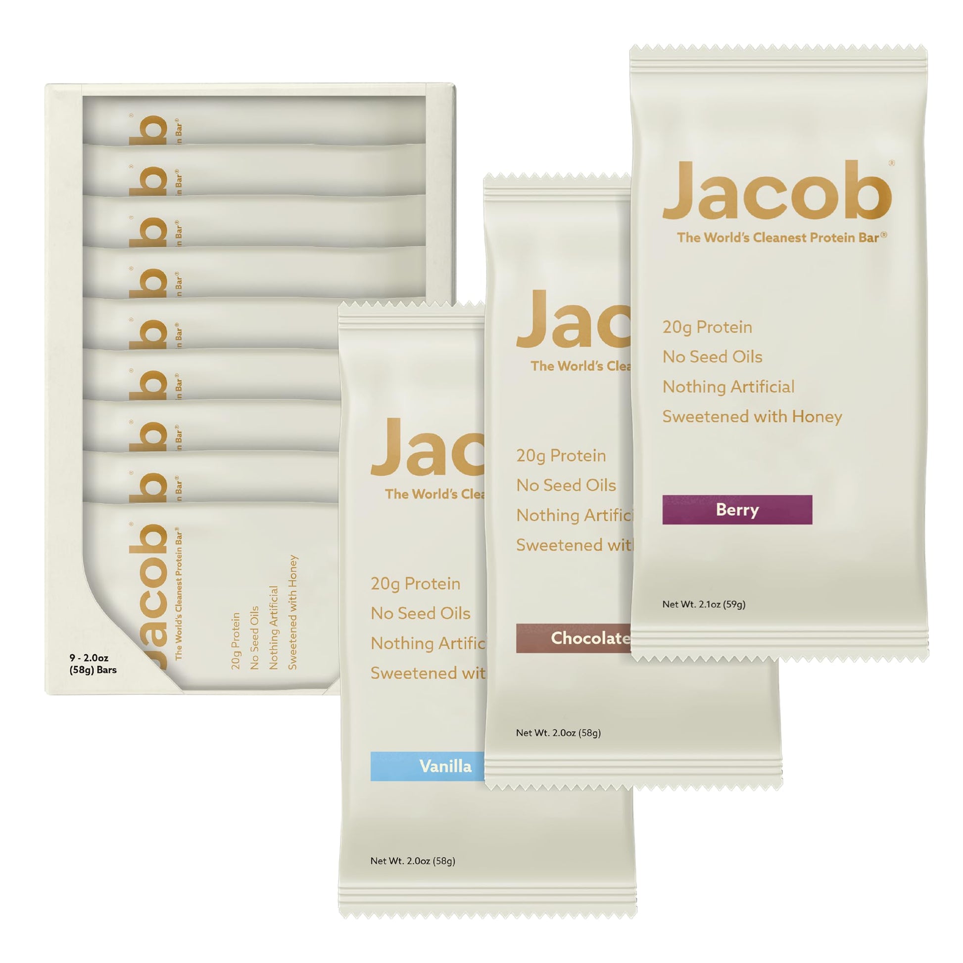 Jacob Bar, Protein Bars, Variety Pack (9 Bars Total) Contains 3 of Each; Chocolate, Vanilla, Berry - 20g Grass-Fed Protein, No Seed Oils, Nothing Artificial Jacob buy supplements canada
