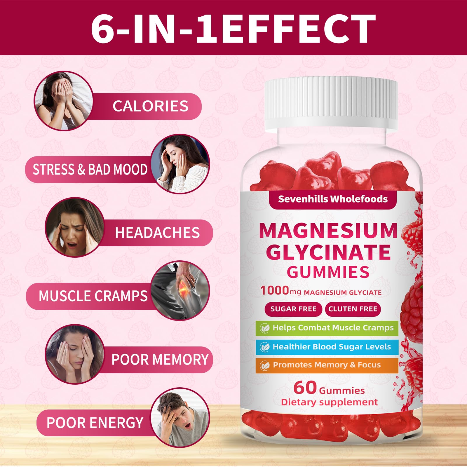 Magnesium Glycinate Gummies 1000mg - Sugar Free Magnesium Potassium Supplement for Relaxation, Calm, Stress Relief, and Sleep Support for Adults & Kids - 60 Raspberry Gummies Sevenhills Wholefoods buy supplements canada