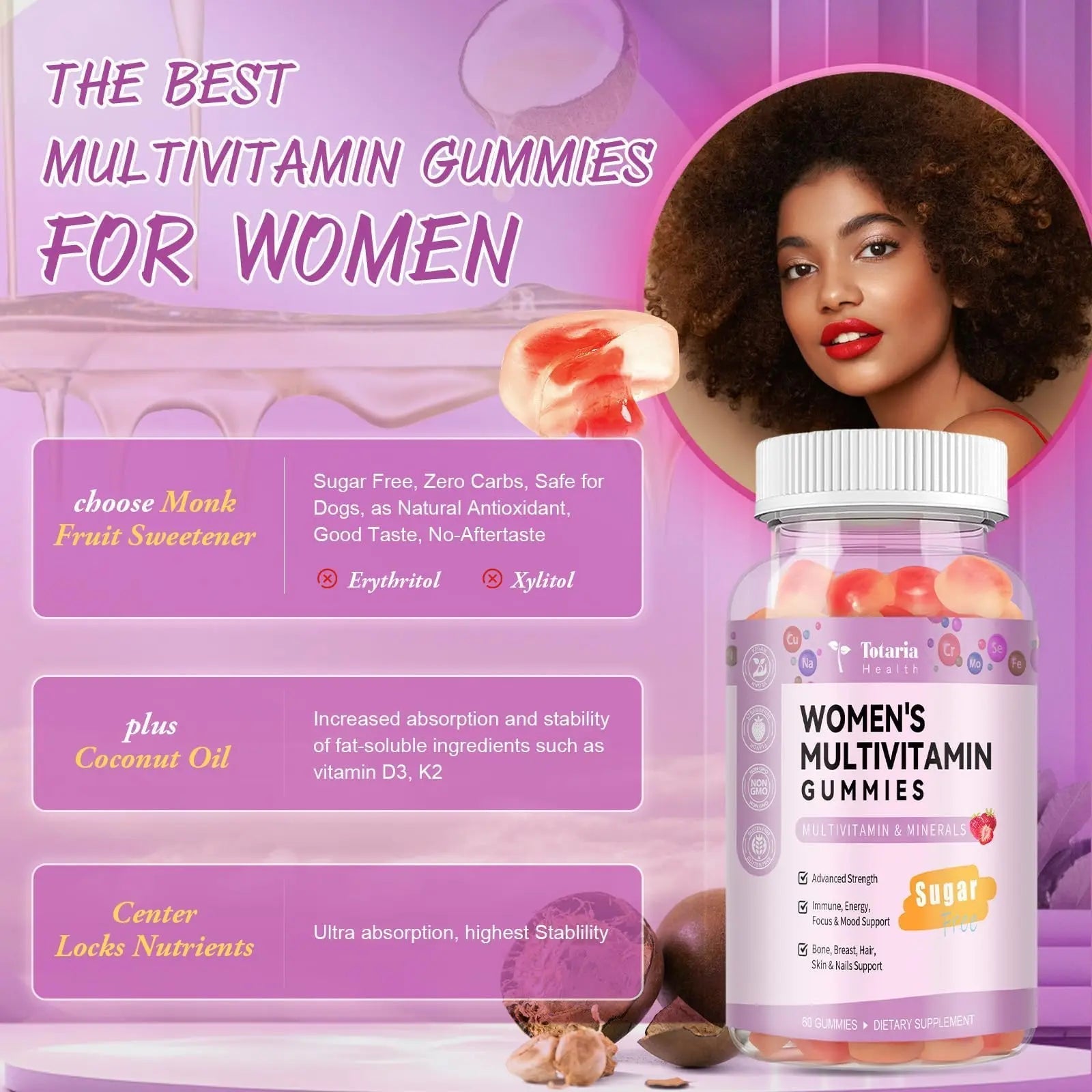 Totaria Sugar Free Multivitamin Gummies for Women 14+ w/Iron, Inositol, Folate, Biotin, Womens Daily Multivitamin Gummy w/Vitamin A, C, B, D3, K2 Totaria buy supplements canada