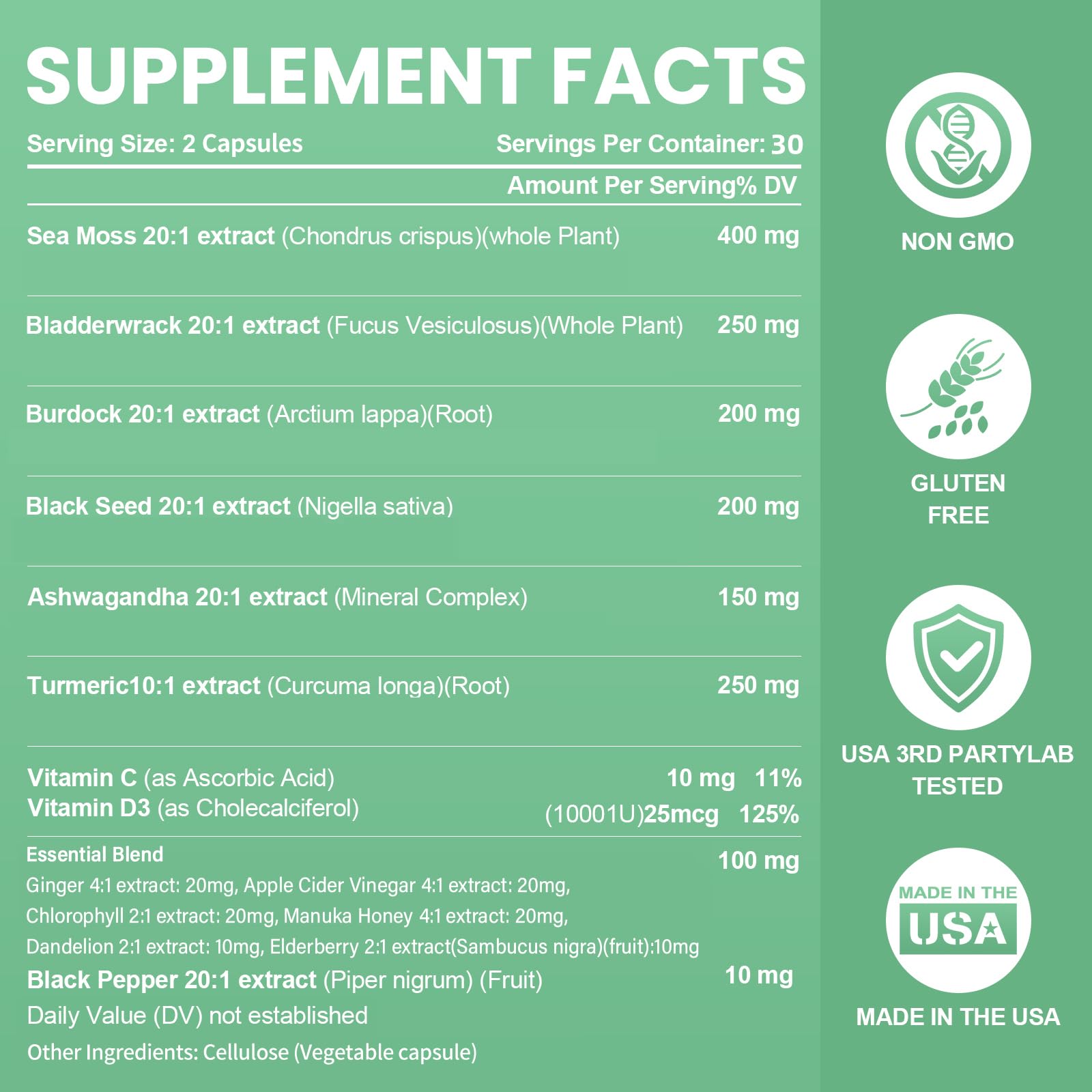 Sea Moss Black Seed Oil Ashwagandha Bladderwrack Burdock Root Turmeric & Vitamin C D3 Elderberry ACV Black Pepper - Multimineral Supplement - 60 Count Grevol buy supplements canada