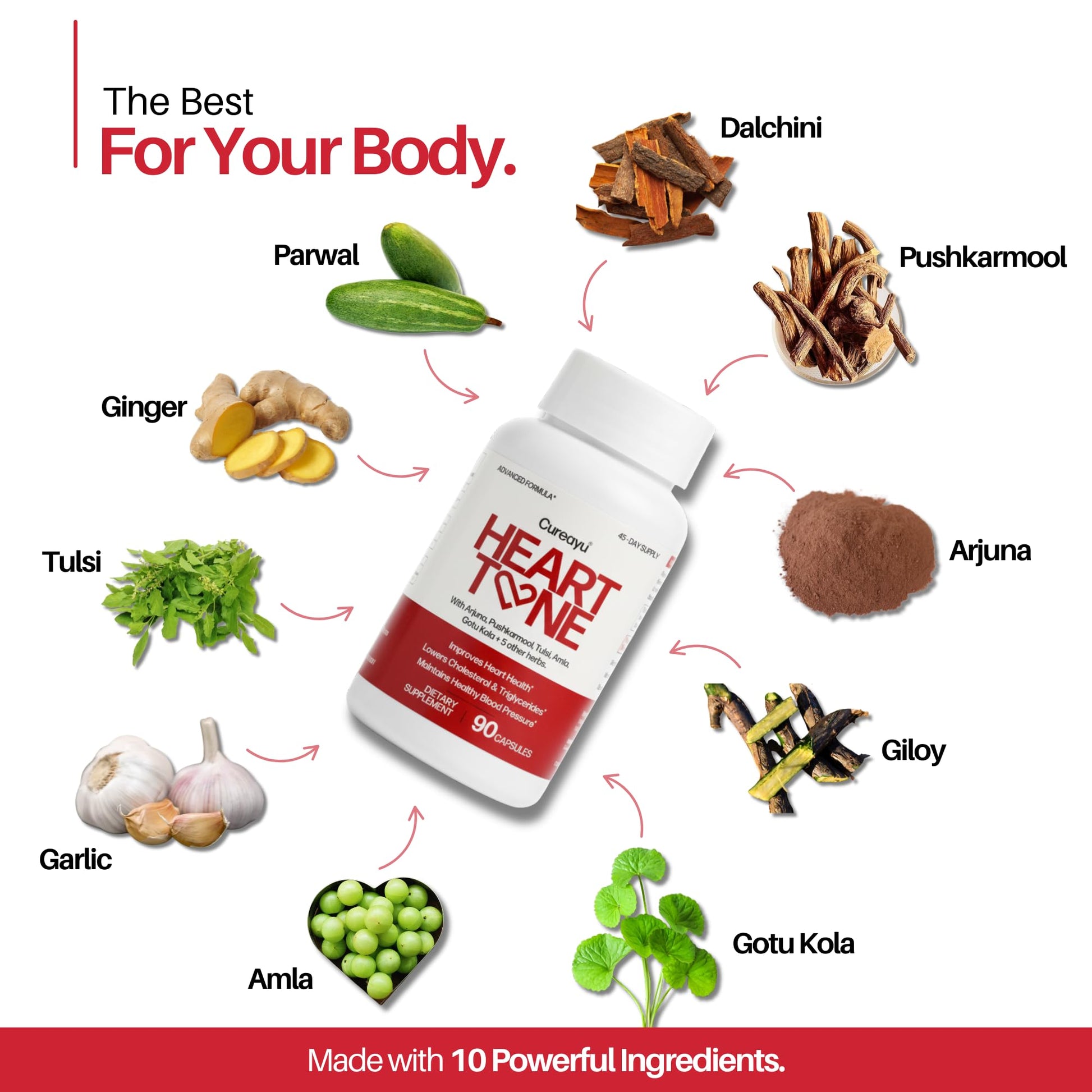 Cureayu Heart Tone Capsules | Natural Heart Health Supplement | Supports Healthy Cholesterol & Triglycerides Levels | with Arjuna, Pushkarmool + 8 Other Herbs | 90 Capsules Cureayu buy supplements canada