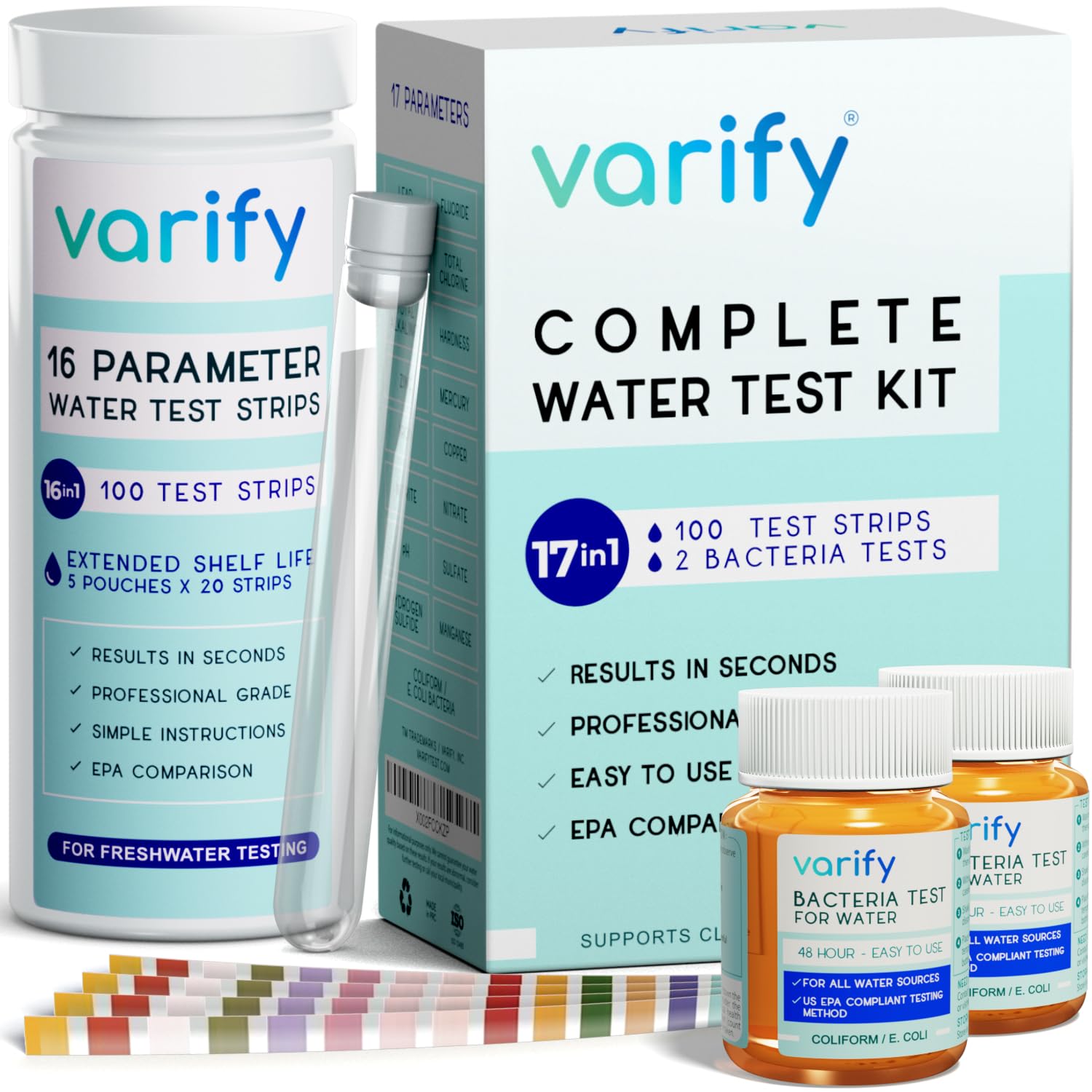 Varify 17in1 Complete Drinking Water Test Kit - 100 Strips + 2 Bacteria Tester Kits - Well, Tap, Home, City Water Testing Strip for Lead, Alkaline, Chlorine, Hardness, Iron, Fluoride, Copper & More VARIFY buy supplements canada