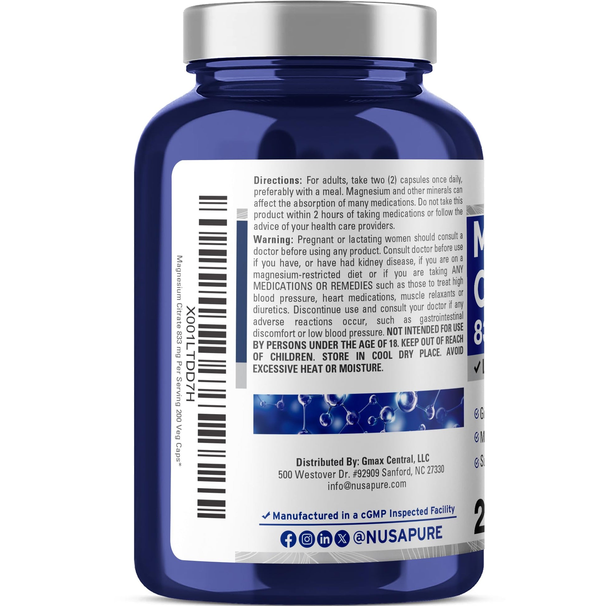 NusaPure Magnesium Citrate 833mg - 200 Veggie Capsules (Vegetarian, Non-GMO, Vegan) NusaPure buy supplements canada