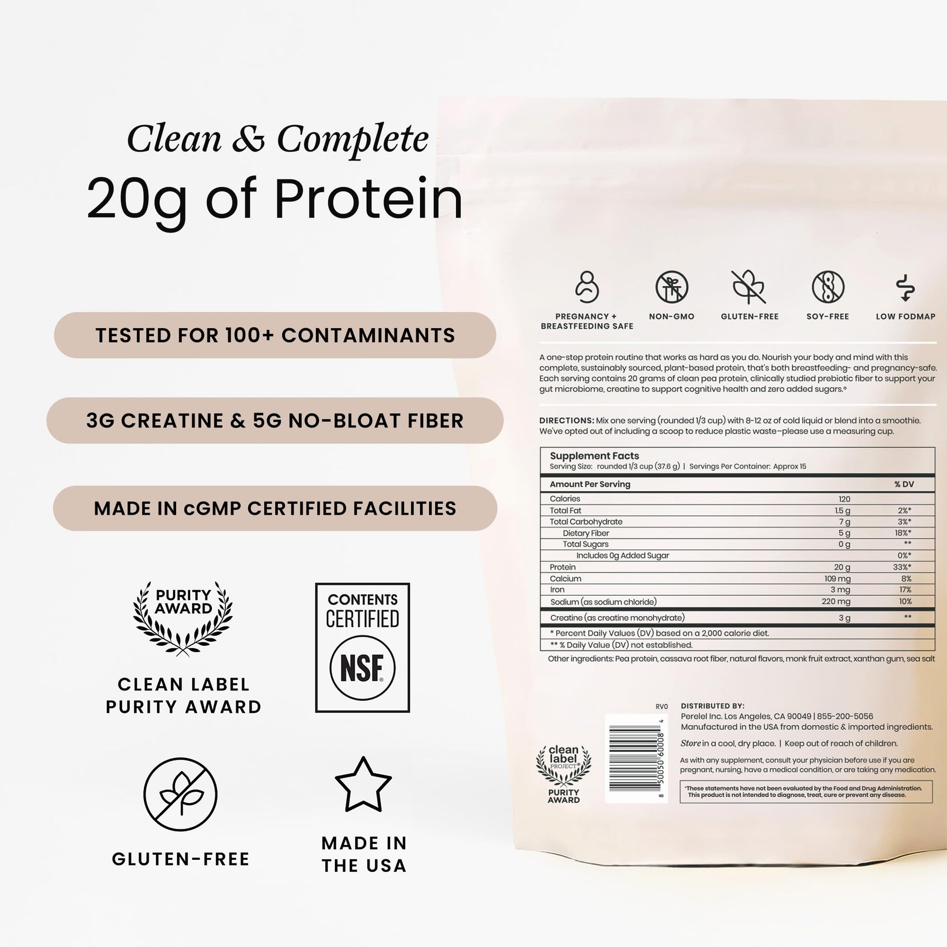 Perelel Triple-Support Plant Based Protein Powder, Creamy Vanilla, 20g Vegan Protein Powder, 3g Creatine Monohydrate, & 5g Prebiotic Fiber per Serving, Dairy Free, Perelel buy supplements canada