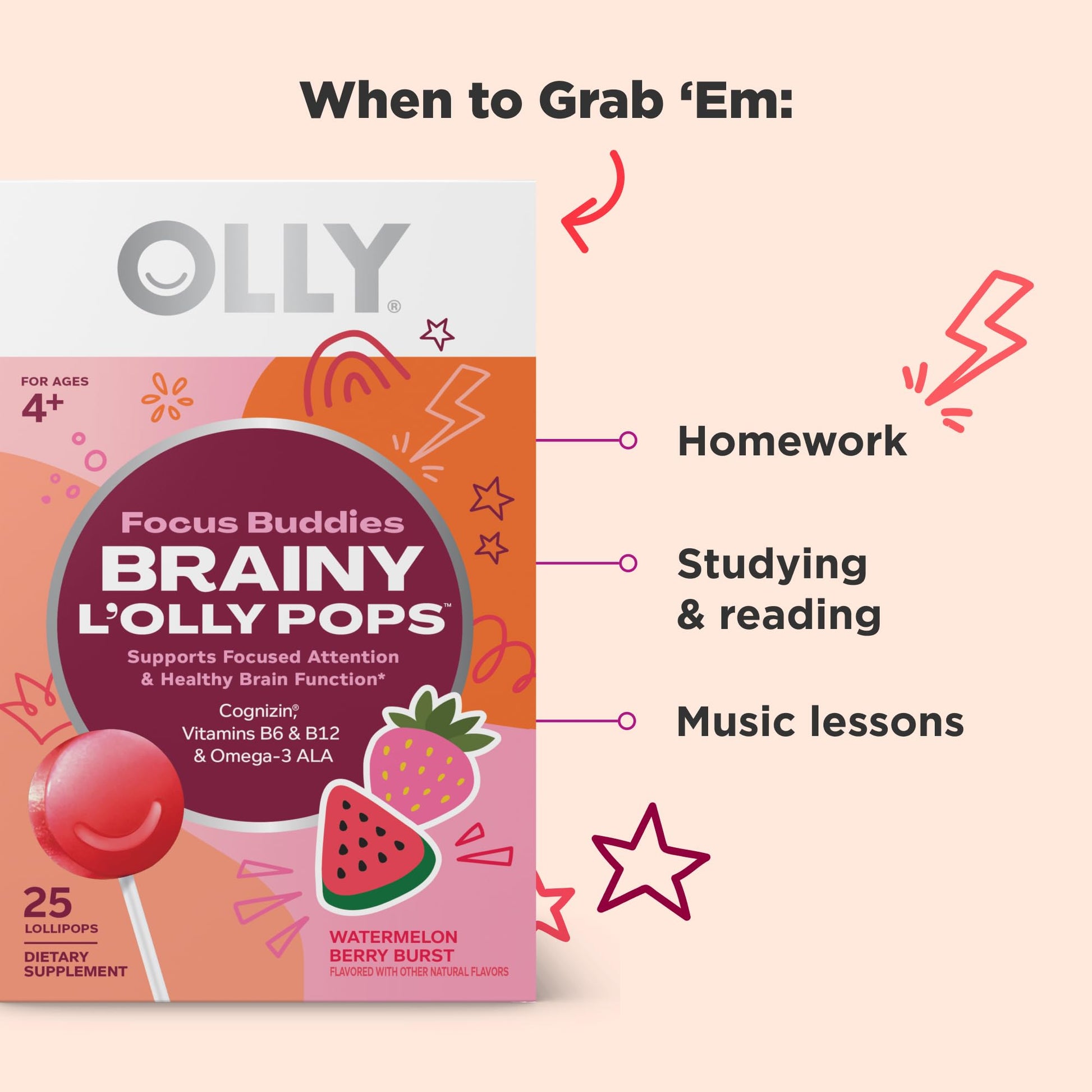OLLY Focus Buddies L’OLLY Pops, Cognizin, Vitamins B6 and B12, Omega-3 ALA, Supports Focused Attention and Healthy Brain Function,* Kids 4+ Dietary Supplement, Watermelon Strawberry Flavored, 25 Count OLLY buy supplements canada