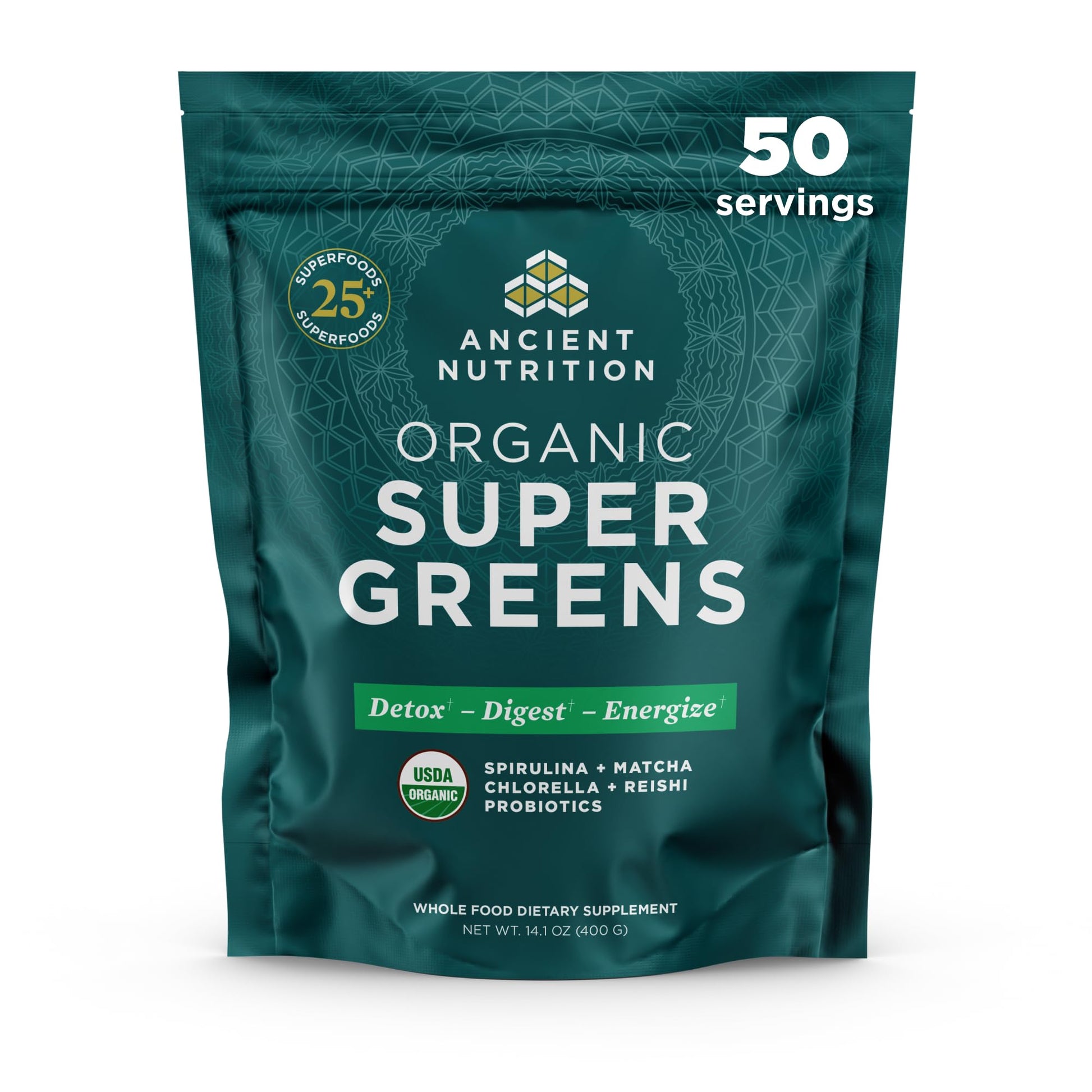 Ancient Nutrition Super Greens Powder, Organic Superfood Powder with Probiotics Made with Spirulina, Chlorella, Matcha, and Digestive Enzymes, 50 Servings, 14.1 oz Ancient Nutrition buy supplements canada