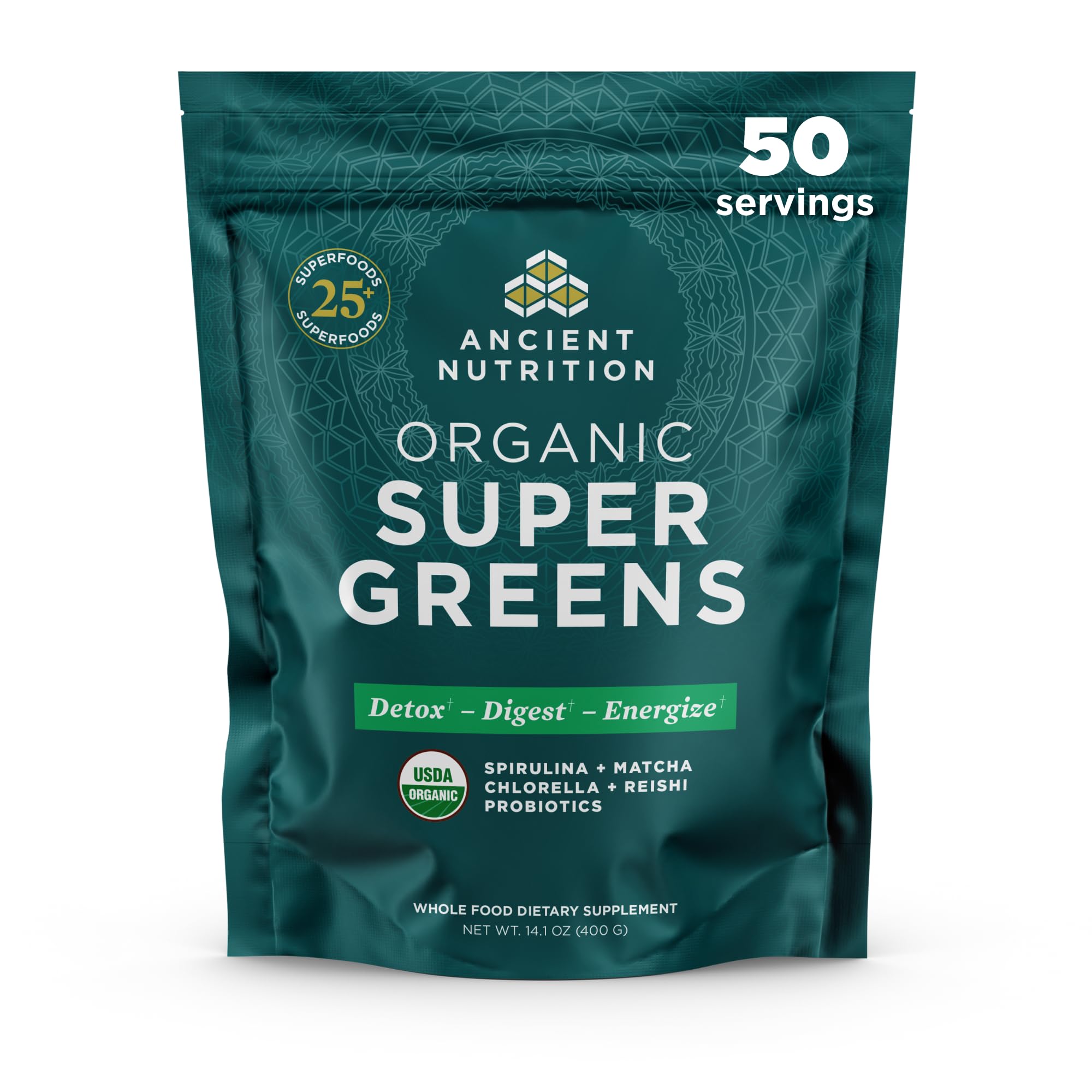 Ancient Nutrition Super Greens Powder, Organic Superfood Powder with Probiotics Made with Spirulina, Chlorella, Matcha, and Digestive Enzymes, 50 Servings, 14.1 oz Ancient Nutrition buy supplements canada