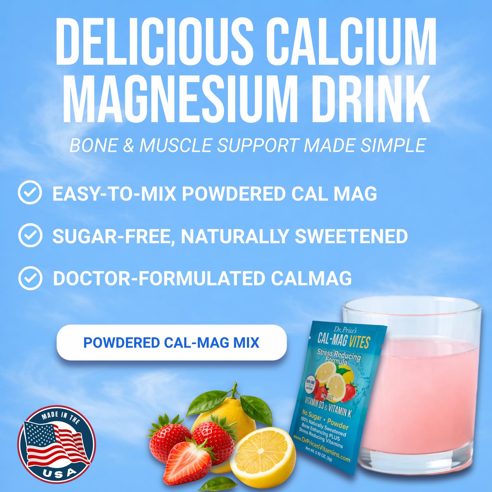 Dr. Price’s Cal-Mag Vites – Strawberry Lemon, 30 Packs | Calcium Magnesium Powder Packets + Vitamin D3, K & Boron | Calming Bone & Muscle Support for Kids & Adults | Doctor-Formulated, Made in USA Dr. Price's Vitamins buy supplements canada