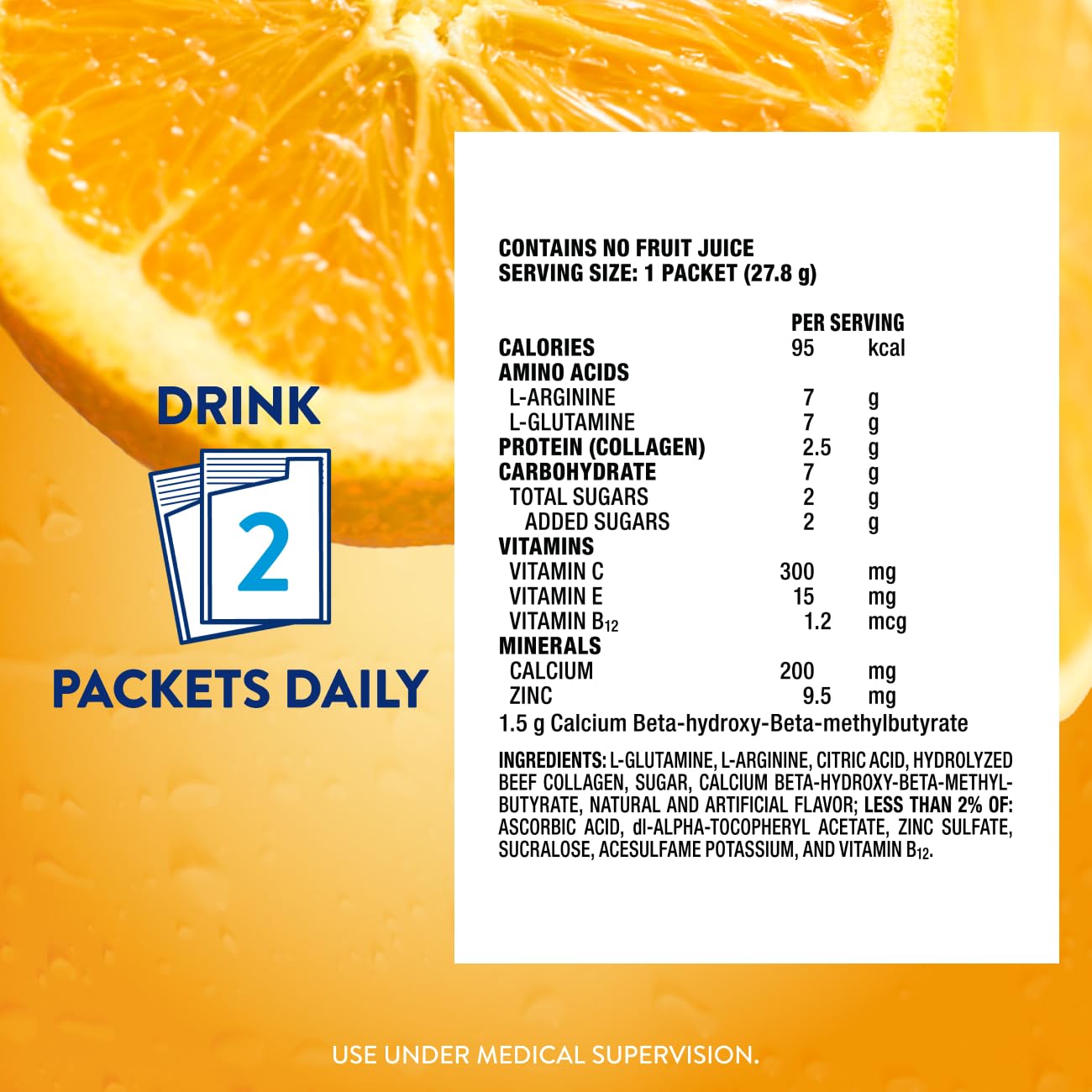 Juven Therapeutic Nutrition Drink Powder Including Collagen Peptides, Amino Acids, and HMB for Wound Healing Support, Orange, 30 Packets Juven buy supplements canada
