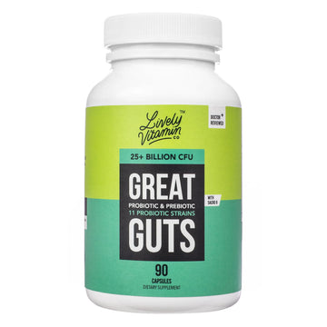 LIVELY VITAMIN CO. Great Guts Probiotic - 25 Billion CFU Probiotic - Balance Gut Microbiome, GI Tract, Inflammation, Indigestion, Reflux, Upset Stomach, & Diarrhea - 90 Caps LIVELY VITAMIN CO buy supplements canada