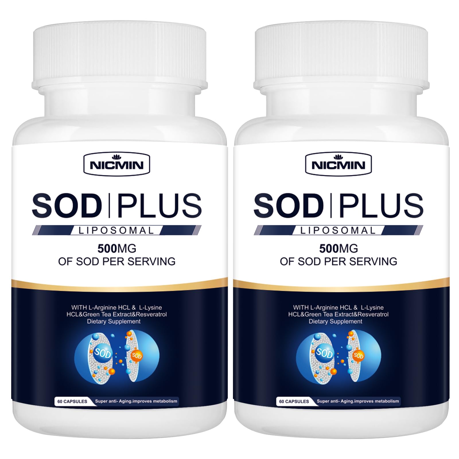 NICMIN 500MG Superoxide Dismutase Supplement - SOD Plus with Liposomal Glutathione, AKG, Green Tea Extract, L-Arginine, Lysine, Resveratrol and Vitamin E for Immune Support, Antioxidant 120 Capsules NICMIN buy supplements canada