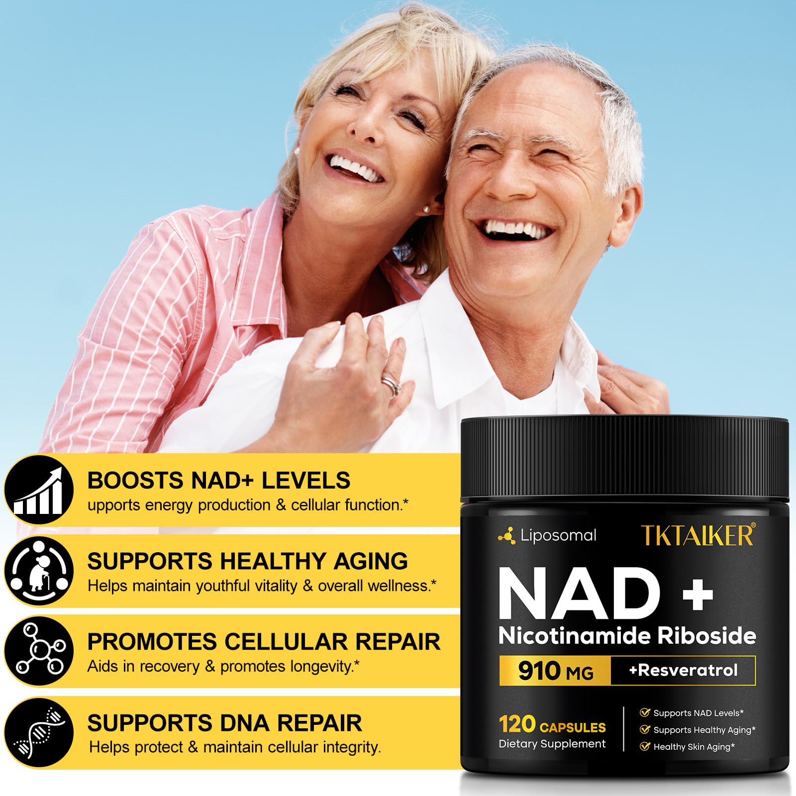 TKTALKER NAD Supplement, 910MG Liposomal Nicotinamide Riboside with Resveratrol & Quercetin, Anti-Aging, Cellular Energy, Mental Focus & Stamina & Healthy, Women & Men, 120 Capsules TKTALKER buy supplements canada