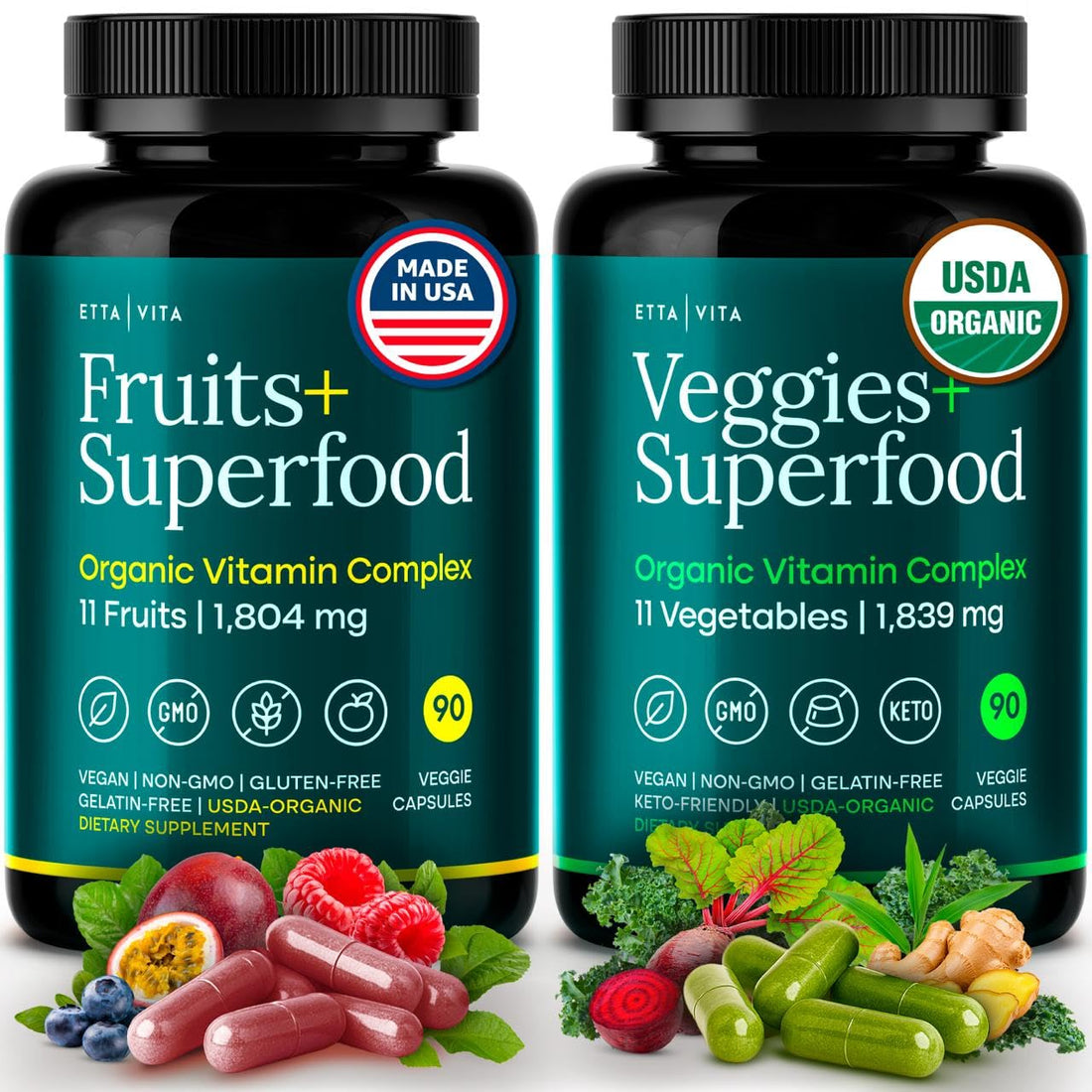 100% Organic Fruits and Veggies Supplement (USDA Organic - Made in USA) 180 Potent Fruits and Vegetable Capsules for Energy Boost & Daily Fruit and Vegetable Vitamins - Vegan, Non-GMO, Gluten-Free Etta Vita buy supplements canada