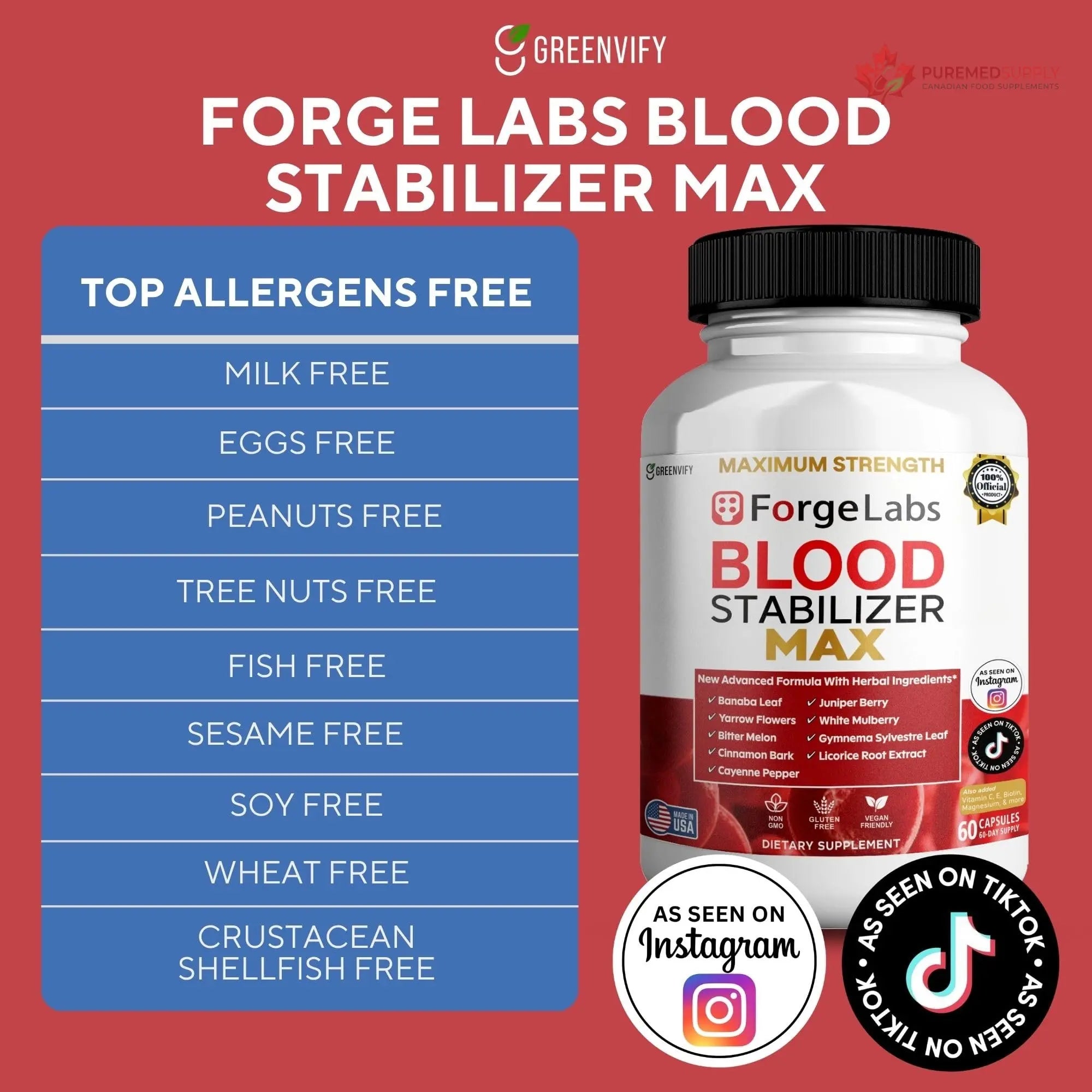 GREENVIFY ForgeLabs Blood Stabilizer Max, Maximum Strength Dietary Supplement, 60 Veggie Capsules, with Banaba Leaf, Juniper Berry, White Mulberry. (1) GREENVIFY buy supplements canada