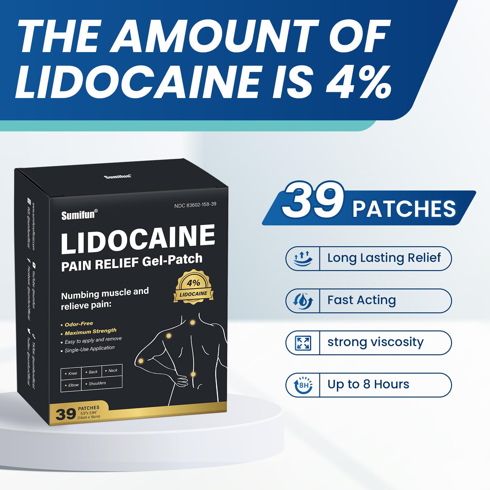 Sumifun 4% Lidocaine Patches,Maximum Strength Pain Relieving Patch Back, Shoulder, Joints, Knee Pain Relief and Muscle Soreness - 8 Hour Pain Relief (39 Count(Pack of 1)) Sumifun buy supplements canada