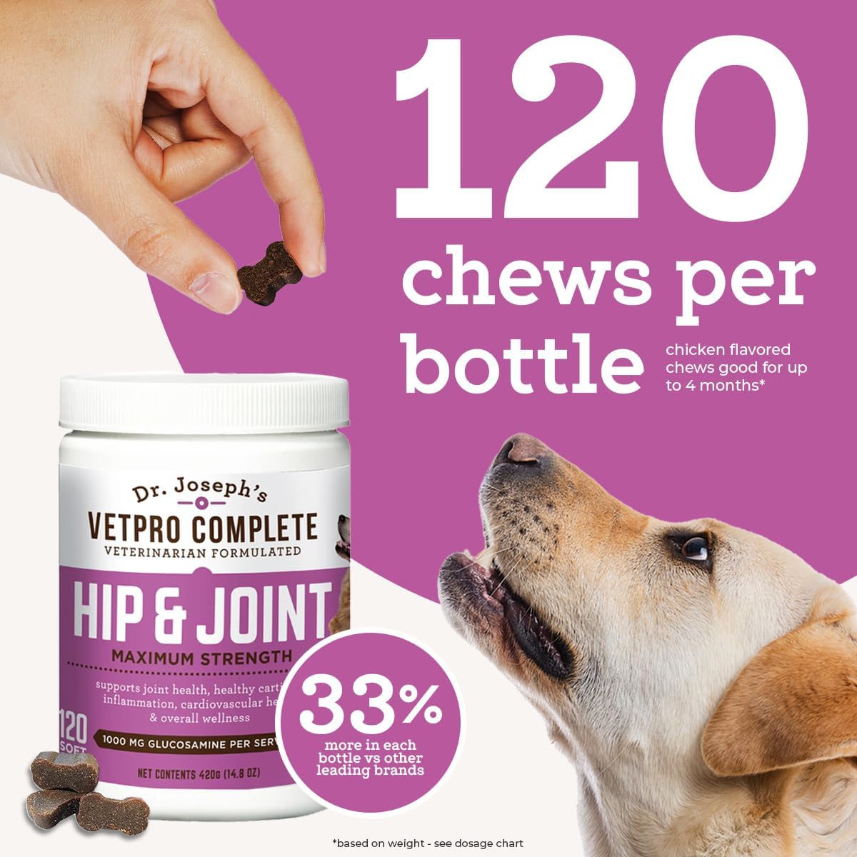 Dr. Joseph's VetPro Complete Dog Hip & Joint Supplement for Arthritis Pain Relief – High-Strength Glucosamine & Chondroitin Chews for Senior Dogs – Vet Formulated Daily Treats, Chicken Flavor, 120 Ct VetPro Complete buy supplements canada