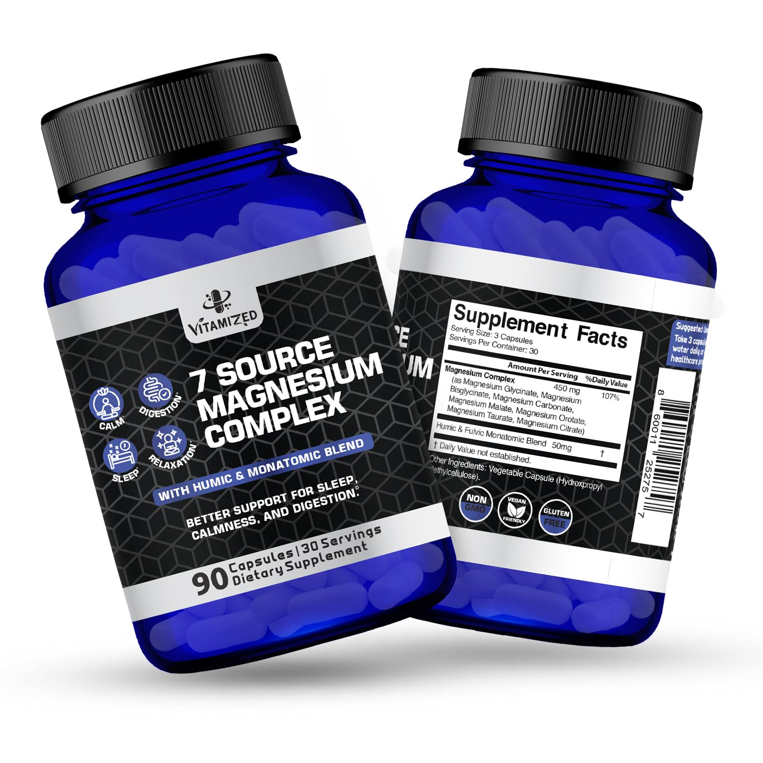 Magnesium Complex for Sleep, Relaxation, Digestion & Calm – Magnesium Glycinate, Citrate, Bisglycinate, Carbonate, Malate, Orotate, Taurate, + Humic/Fulvic for High Absorption - 90 ct. VITAMIZED buy supplements canada
