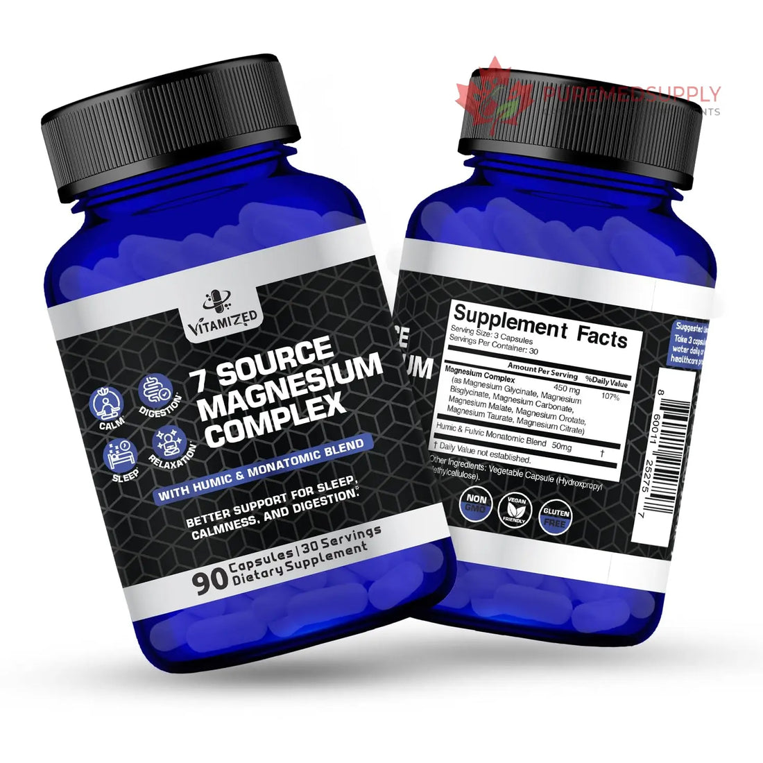 Magnesium Complex for Sleep, Relaxation, Digestion & Calm – Magnesium Glycinate, Citrate, Bisglycinate, Carbonate, Malate, Orotate, Taurate, + Humic/Fulvic for High Absorption - 90 ct. VITAMIZED buy supplements canada