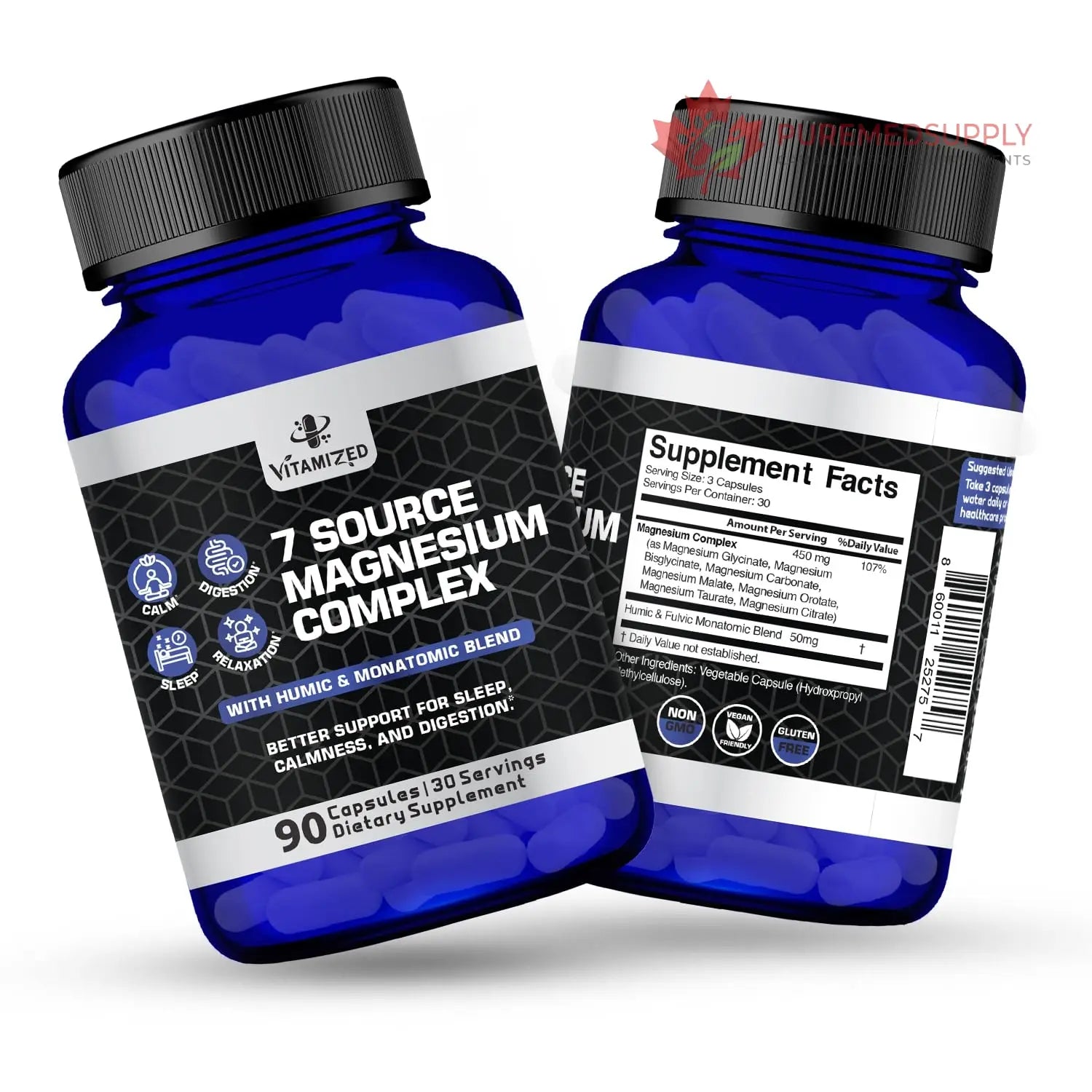 Magnesium Complex for Sleep, Relaxation, Digestion & Calm – Magnesium Glycinate, Citrate, Bisglycinate, Carbonate, Malate, Orotate, Taurate, + Humic/Fulvic for High Absorption - 90 ct. VITAMIZED buy supplements canada