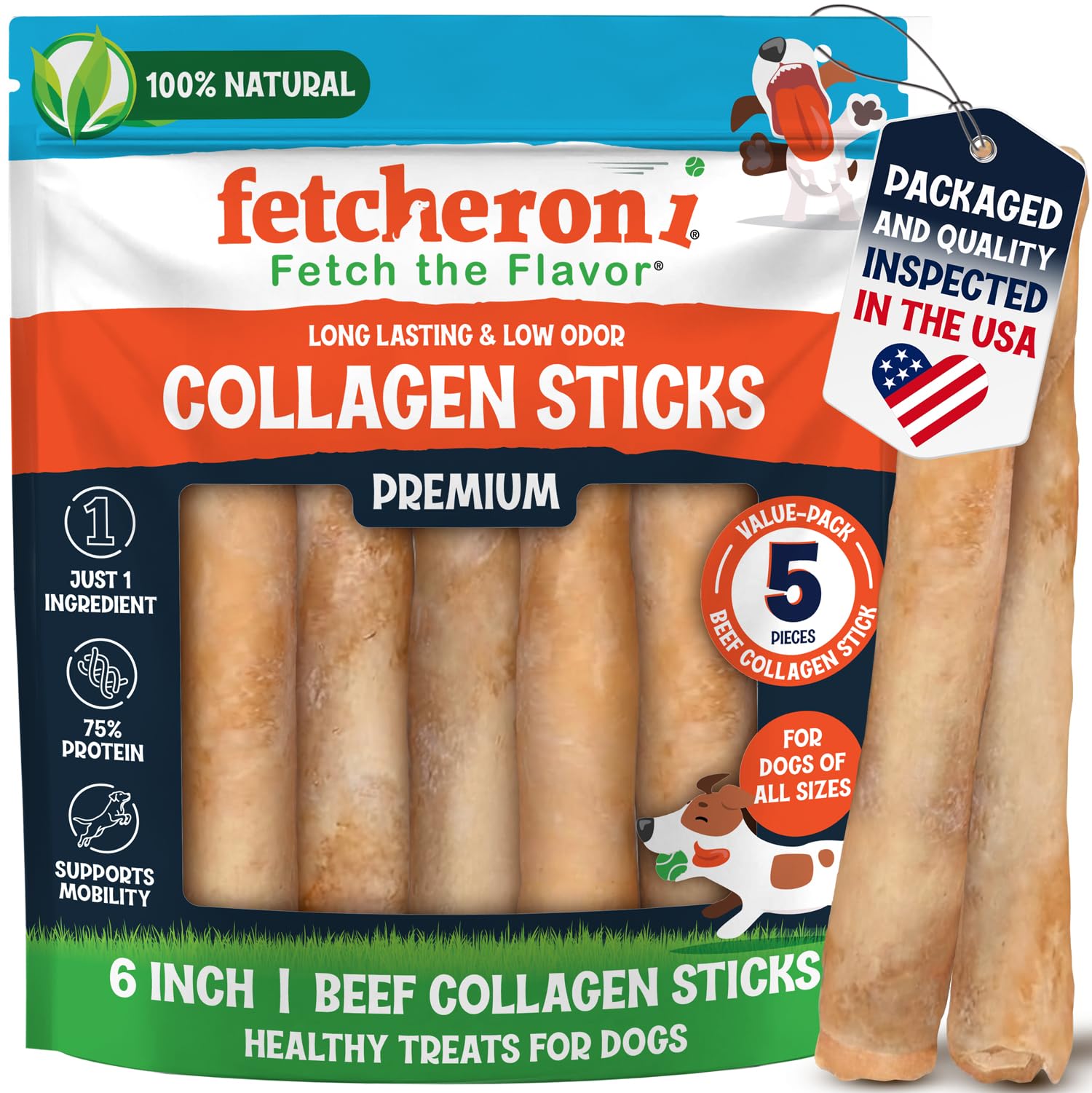 FETCHERONI 6" Collagen Sticks for Dogs – Low Odor Long-Lasting Bully Stick & Rawhide Alternative, Single Ingredient Beef Bone, High Protein Dental Treat, Vet Approved, Improves Joint Health – 5 Pack FETCHERONI buy supplements canada