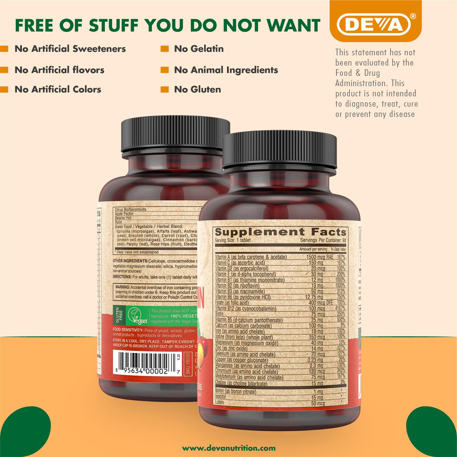 DEVA Vegan Multivitamin & Mineral Supplement with Iron 2-Pack, Spirulina, Chlorella, Ashwagandha, Broccoli & More, 90 Coated Tablets Each DEVA buy supplements canada