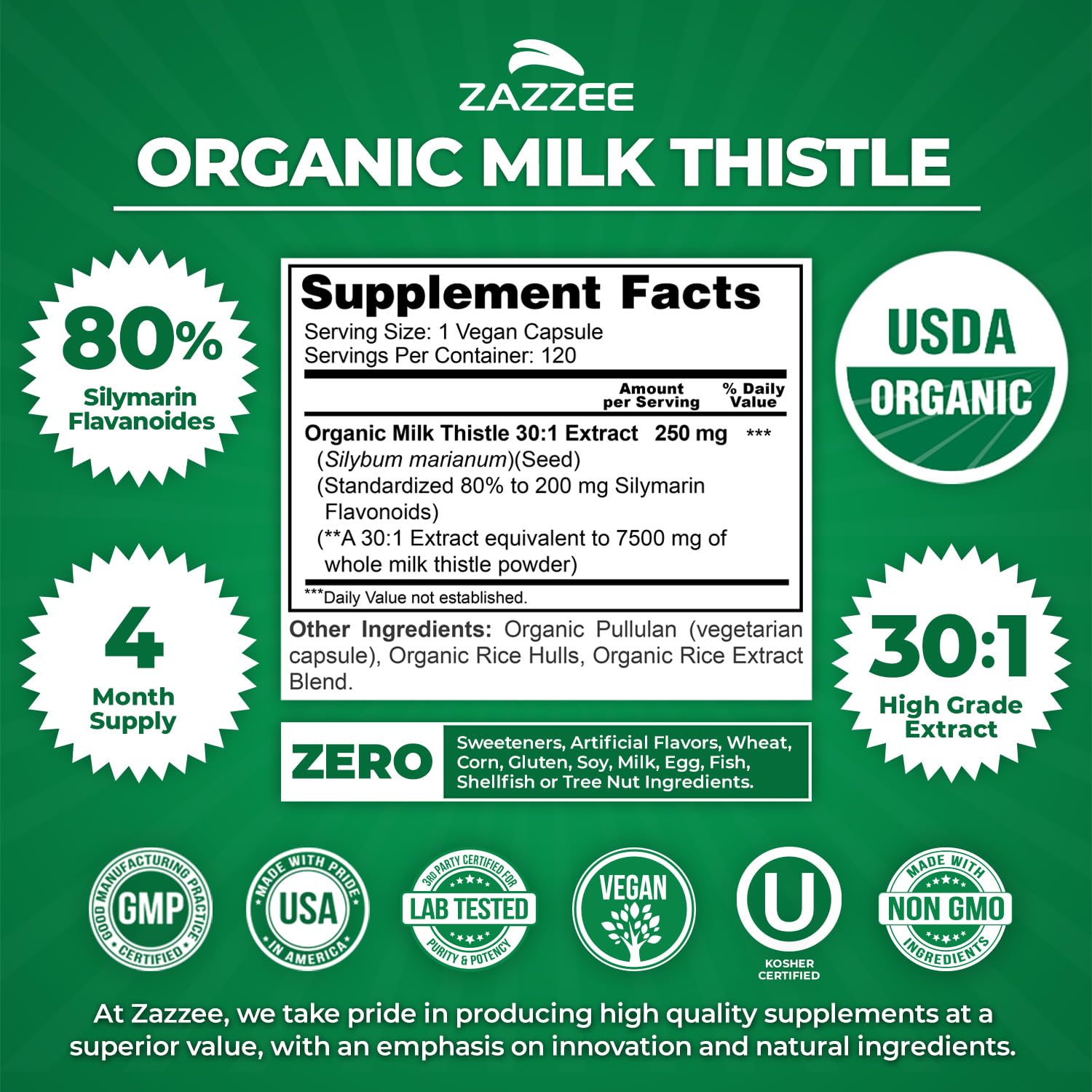 Zazzee USDA Organic Milk Thistle 30:1 Extract, 80% Silymarin, 120 Vegan Capsules, 4 Month Supply, Certified Kosher, High Potency Liver & Antioxidant Support Zazzee buy supplements canada