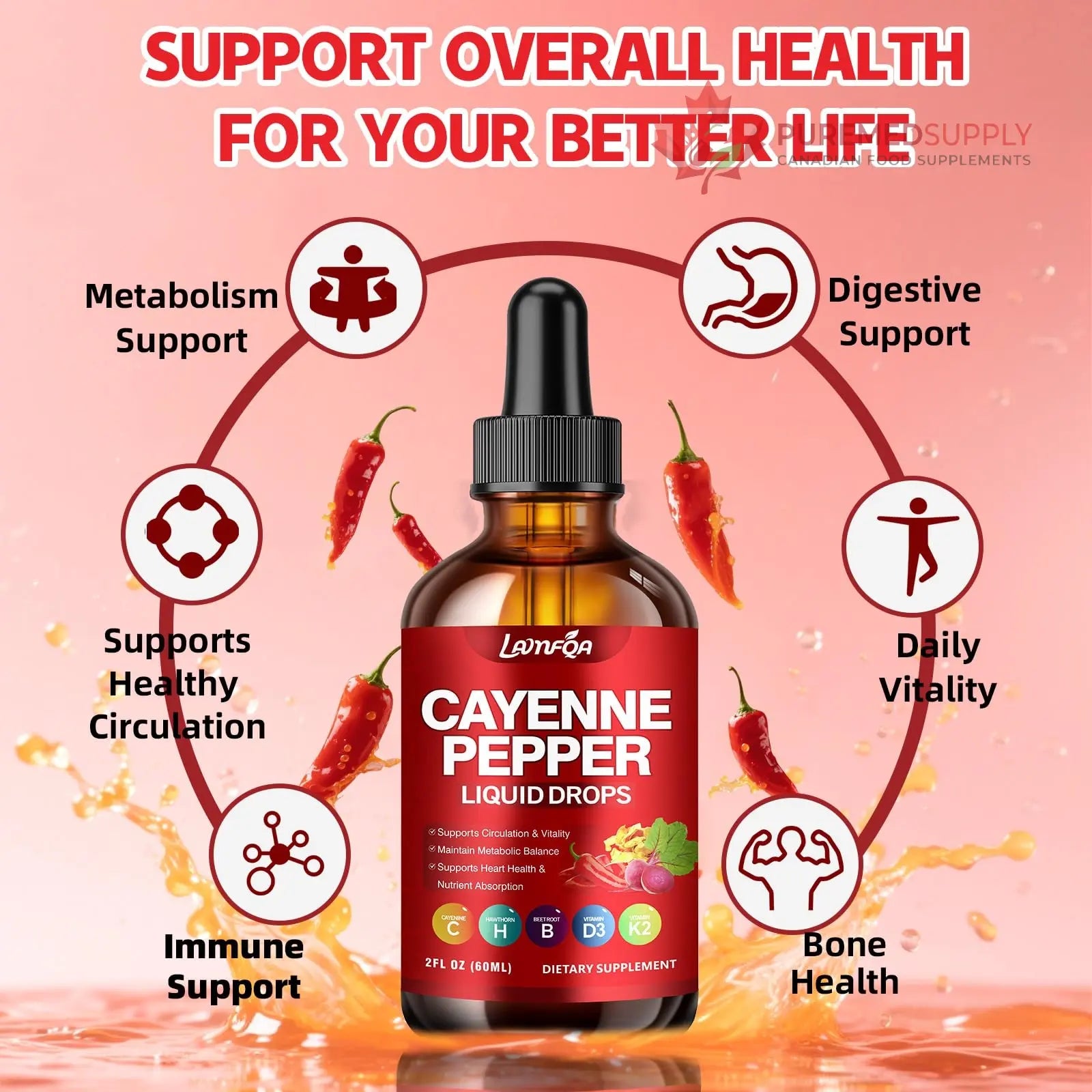 Cayenne Pepper Liquid Drops - Potent Blend with Hawthorn Berry, Turmeric Curcumin, Vitamin D3 K2, Beet Root & Panax Ginseng - Vegan, Non-GMO, High Absorbed Gentle Formula - 2 OZ LAMFQA buy supplements canada