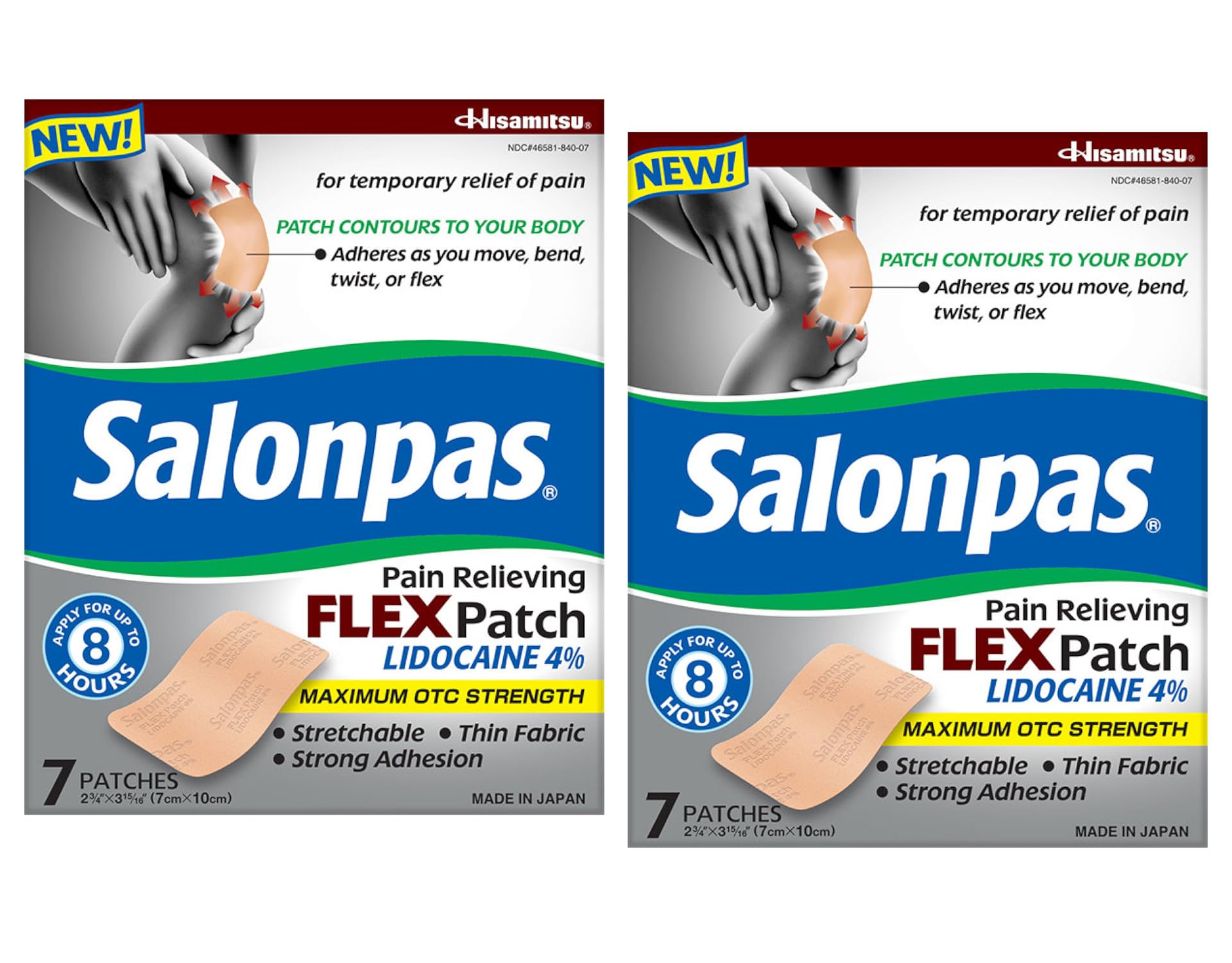 Salonpas Temporary Pain Relieving Flex Patch with Lidocaine 4%, Maximum OTC Strength, Stretchable Thin Fabric, Strong Adhesion, Contours to Body, Apply for Up to 8 Hours 7 ct (Pack of 2) Salonpas buy supplements canada