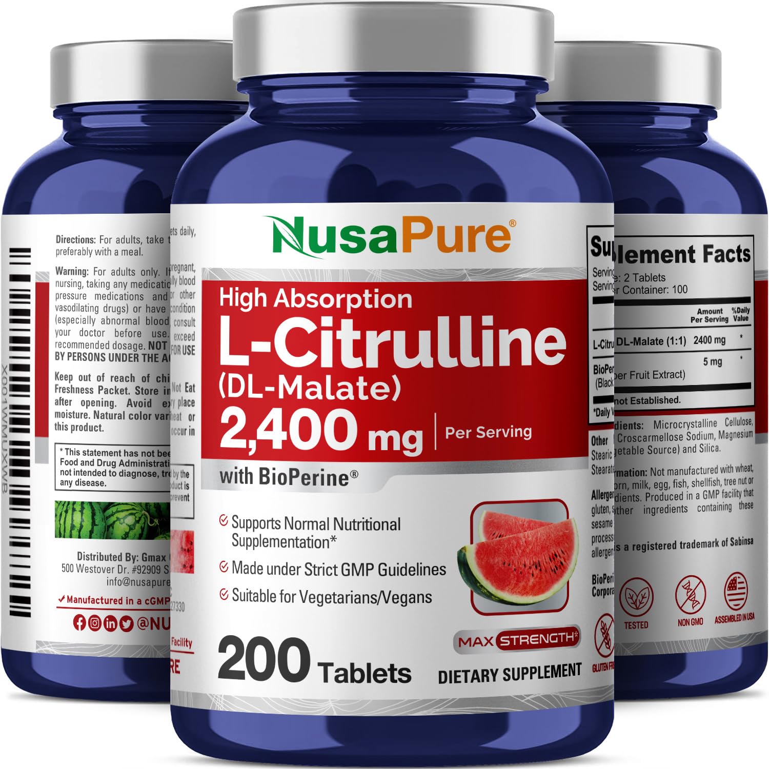 NusaPure L-Citrulline 2,400mg 200 Vegetarian Tablets (Non-GMO, Gluten Free) NusaPure buy supplements canada