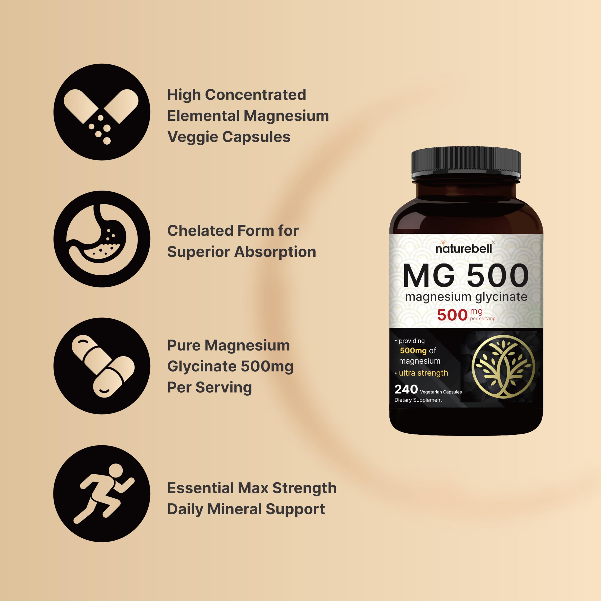 NatureBell Magnesium Glycinate 500mg Per Serving | 240 Veggie Capsule, 100% Chelated NatureBell buy supplements canada