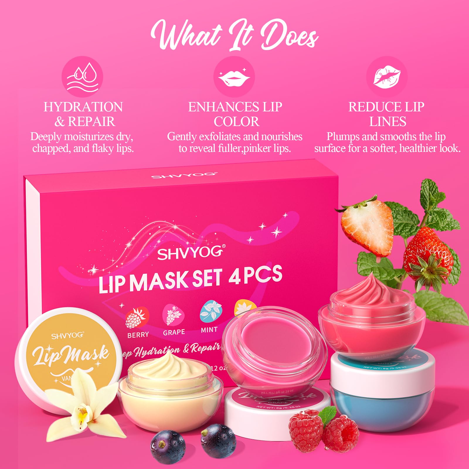 4 Pack Lip Mask Set, Hydrating Lip Mask Overnight - Berry, Grape, Mint, Vanilla Flavors, Lip Sleeping Mask Nourish Lip Balm with Vitamin C & Shea Butter | Dry Lips Care Gift SHVYOG buy supplements canada