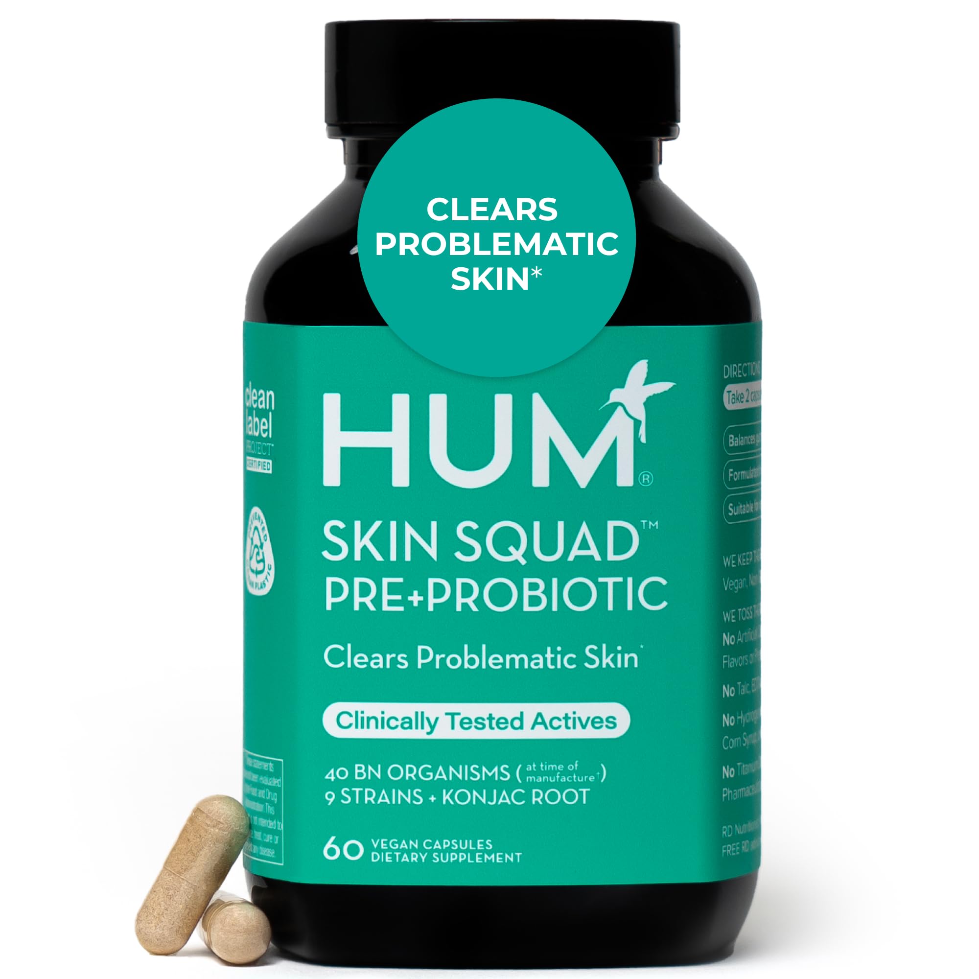 HUM Skin Squad Probiotics for Women and Men, Skin Care Supplement for Clear Complexion & Gut Health Support, Microbiome Prebiotic & Probiotic Supplement for Breakouts, Digestive Health, 60 Capsules HUM buy supplements canada