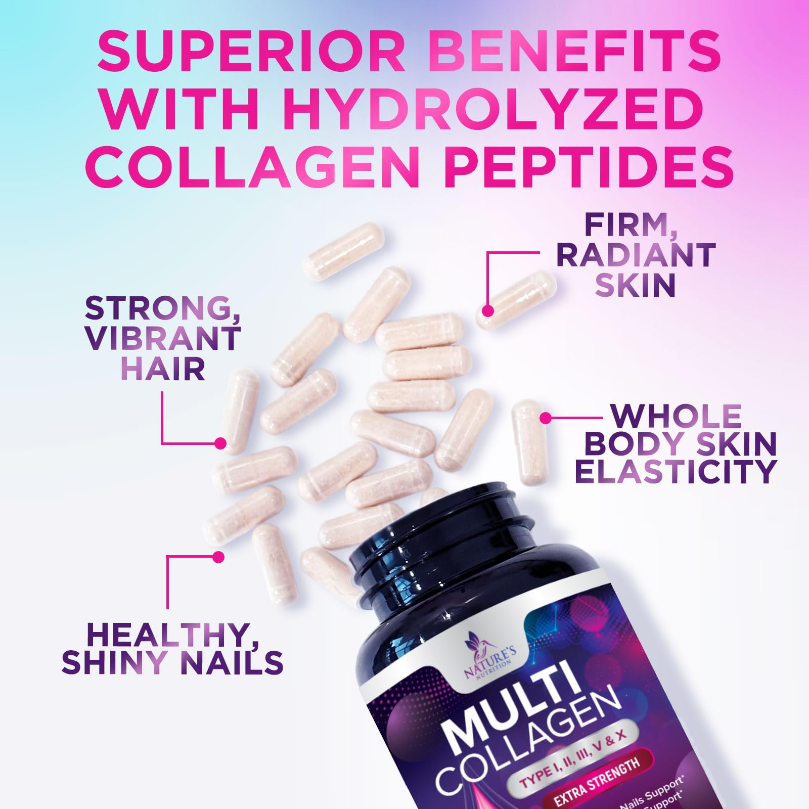 Multi Collagen Pills 2400 mg - Advanced Types I, II, III, V, X - Hydrolyzed Multi Collagen Peptides Pills, Collagen Supplements for Women & Men - Hair, Skin, & Nail Support Supplement - 120 Capsules Nature's Nutrition buy supplements canada
