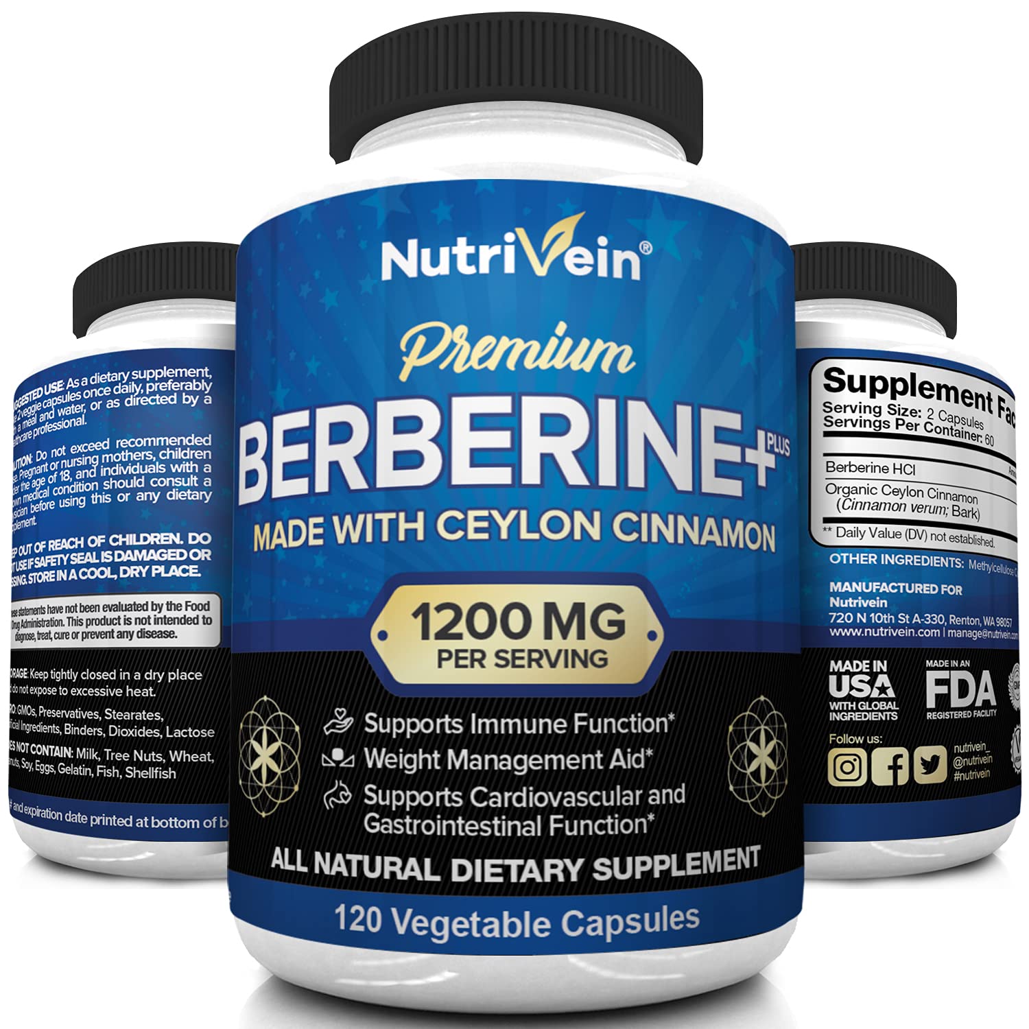 Nutrivein Premium Berberine HCL 1200mg Plus Organic Ceylon Cinnamon - 120 Capsules Nutrivein buy supplements canada