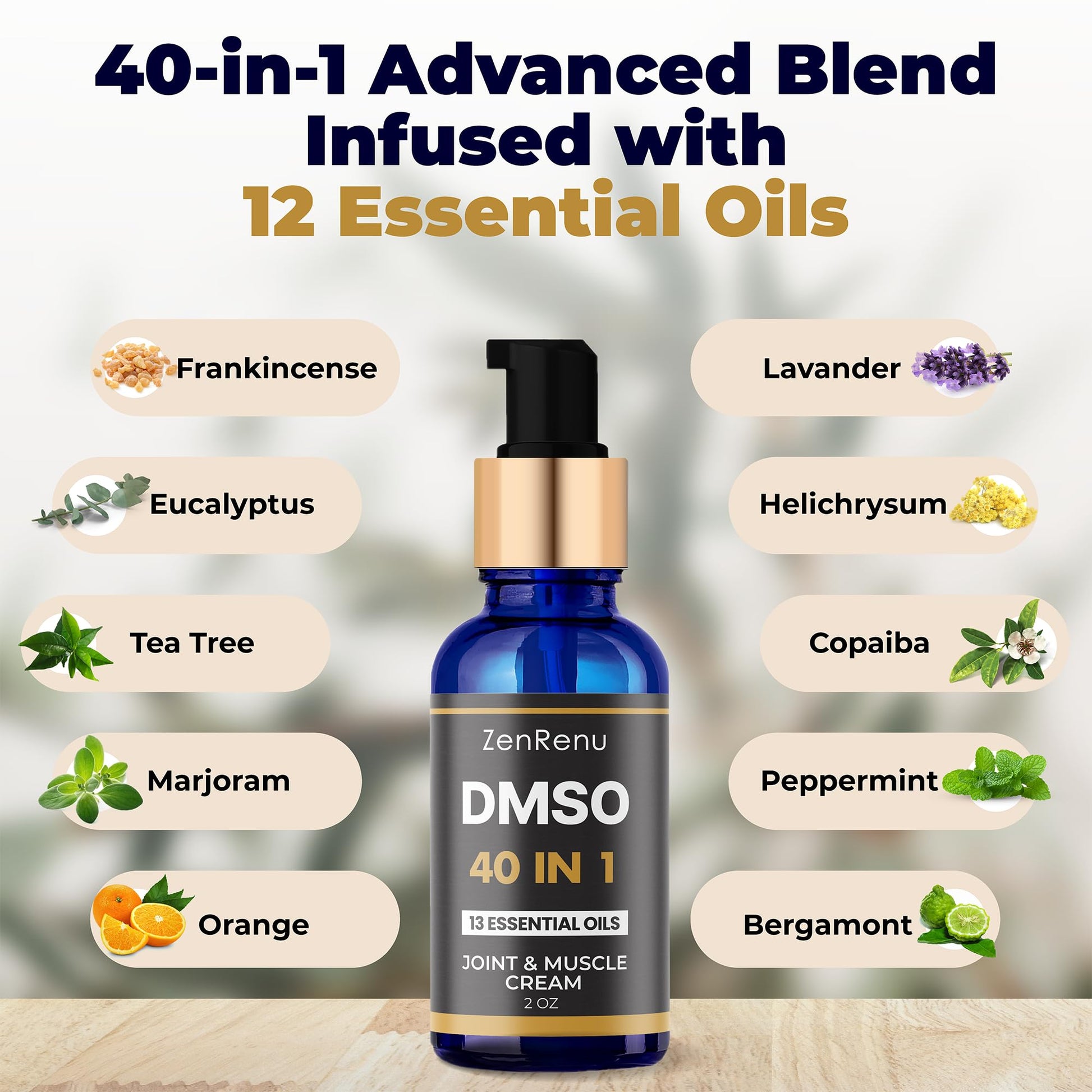 Zenrenu DMSO Cream 99.995% Pure Pharmaceutical Grade - 40-in-1 Advanced Formula -12 Essential Oils, Arnica, Aloe Vera, MSM - Fast-Absorbing Cream – 2 oz Glass Pump Bottle – Made in USA Zenrenu buy supplements canada