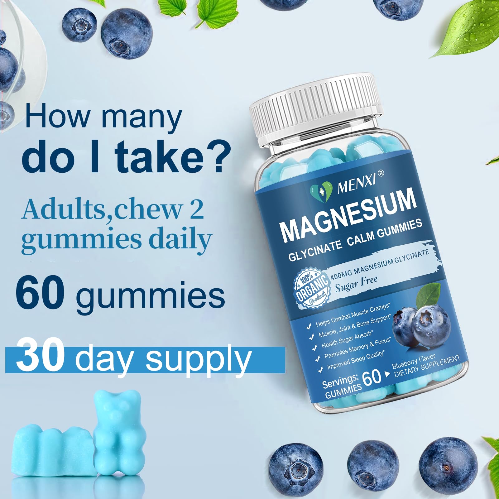 Magnesium Gummies 600mg per Serving-Magnesium Glycinate 400mg and Magnesium Malate 200mg,Sugar Free Magnesium Potassium Supplement for Calm Mood, Muscle, Bone & Sleep Support,60 Blueberry Gummies MENXI buy supplements canada