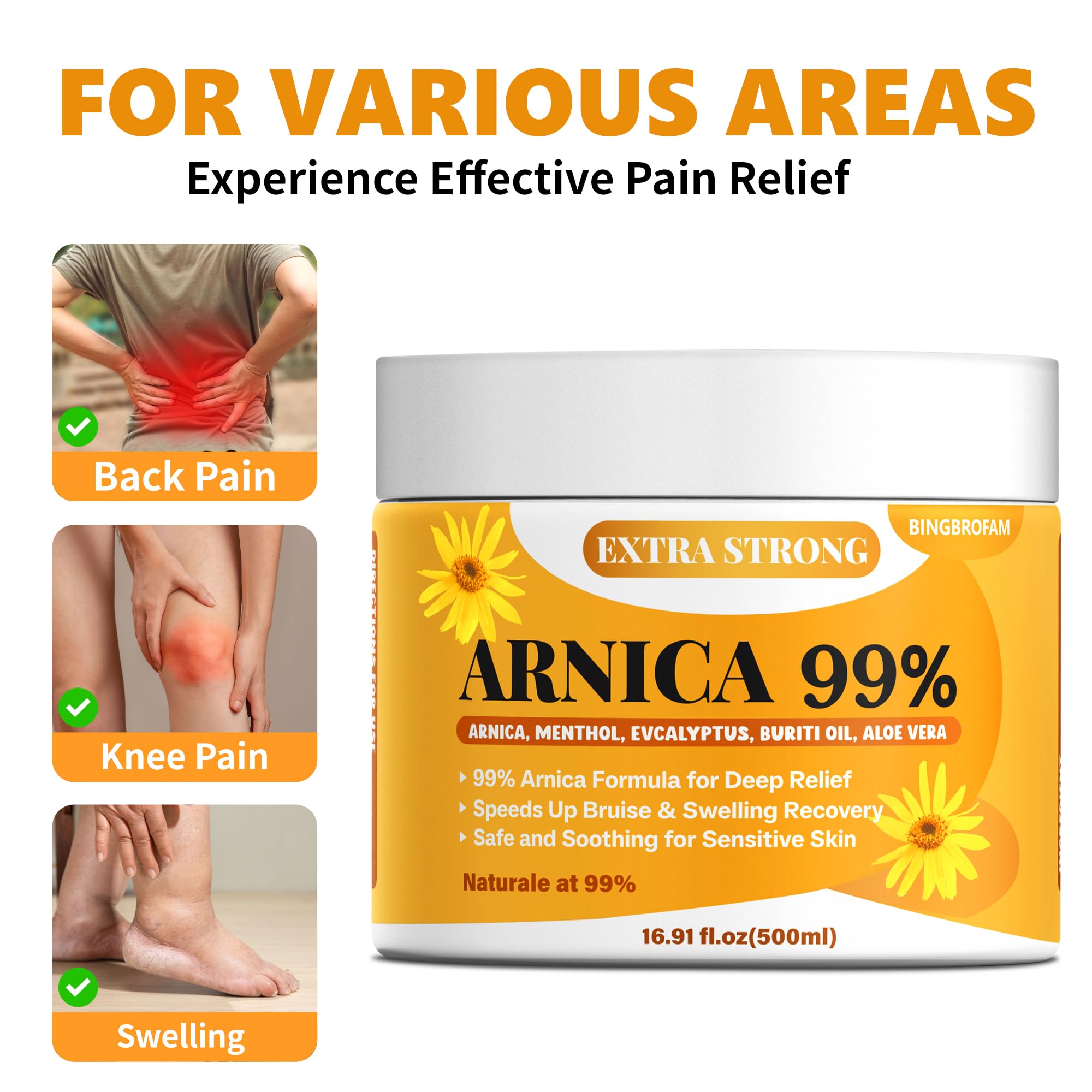 Bingbrofam Arnica Cream 99% Extra Strength Gel Pain Relief for Fast Healing Thin Skin, Seniors Bruises with Menthol, Swelling, Soothing Massage, 16.9 Oz Bingbrofam buy supplements canada