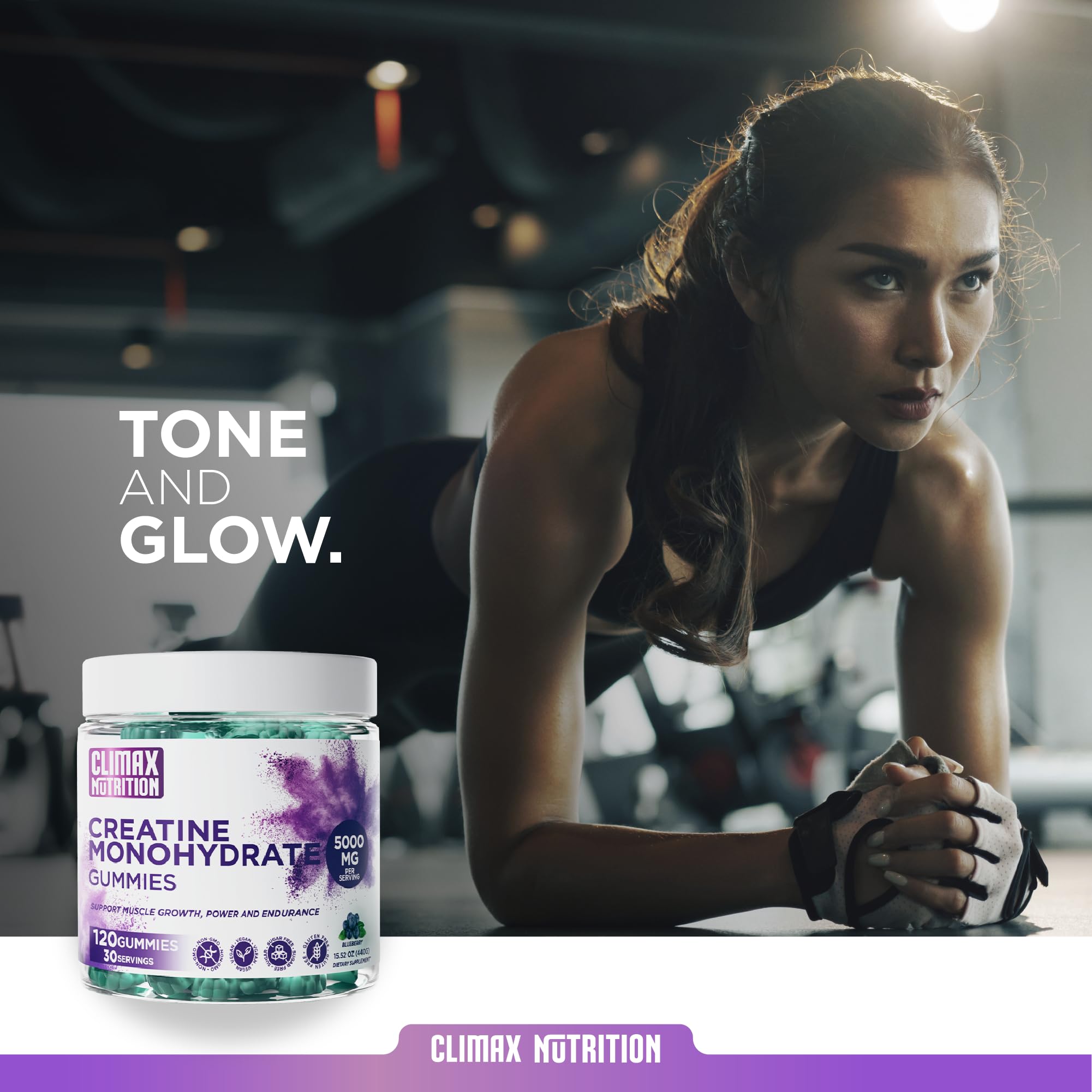 Creatine Monohydrate Gummies - Vegan, Sugar-Free, Gluten-Free - Boosts Muscle Recovery, Strength & Lean Muscle Growth - Brain Health Support - for Men & Women - Blueberry Flavor - 120 Gummies CLIMAX NUTRITION buy supplements canada