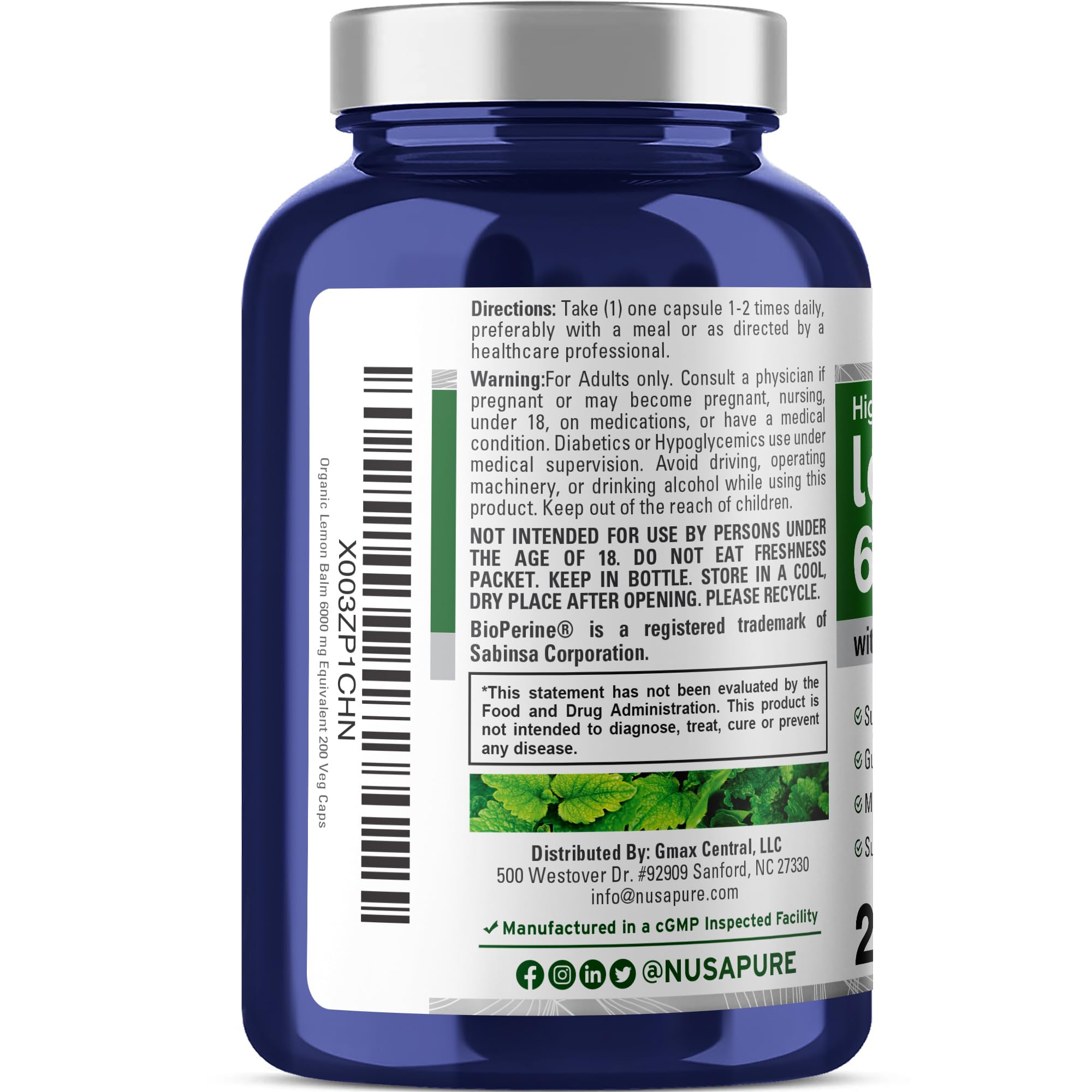 NusaPure Lemon Balm 30:1 Extract, 200 mg Equivalent to 6000mg Per Vegan Caps - 200 Count Non-GMO, Vegan Bioperine NusaPure buy supplements canada