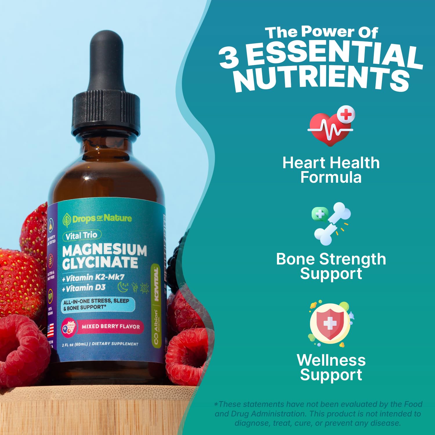 Magnesium Glycinate, Vitamin K2 & D3 Supplement – GMO-Free – VIT D MK7 K2 Vitamin Supplement & Magnesium Blend – with Nutrients for Bone Nutrition & Cardiovascular Function (Mixed Berry, 60 mL) Drops Of Nature buy supplements canada